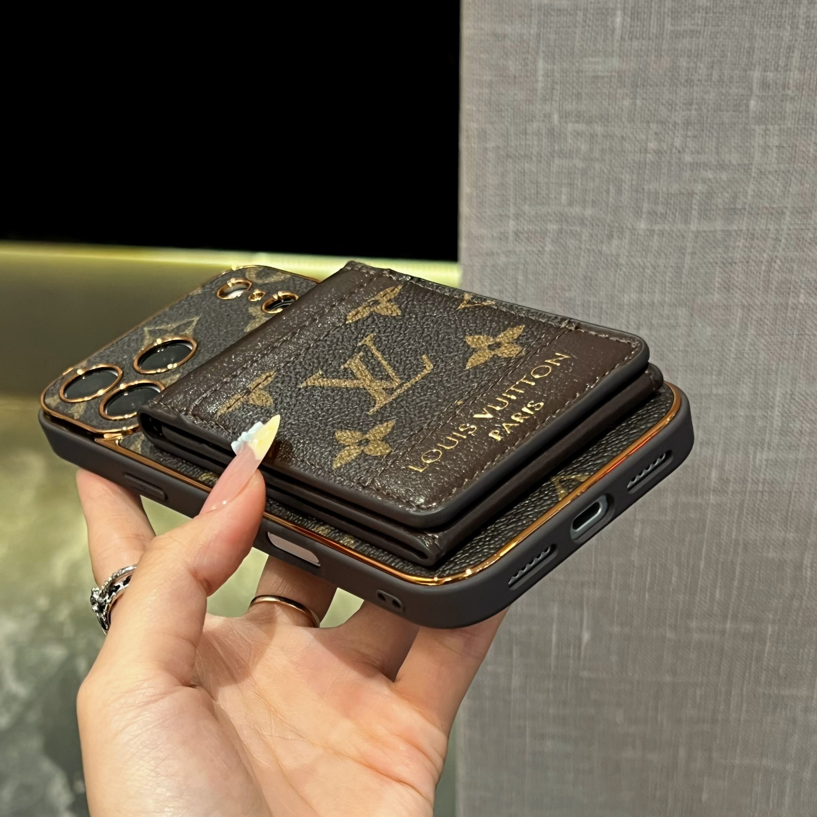Elegant Leather Monogram iPhone Case With Card Holder For iPhone 17 Series-GELV230