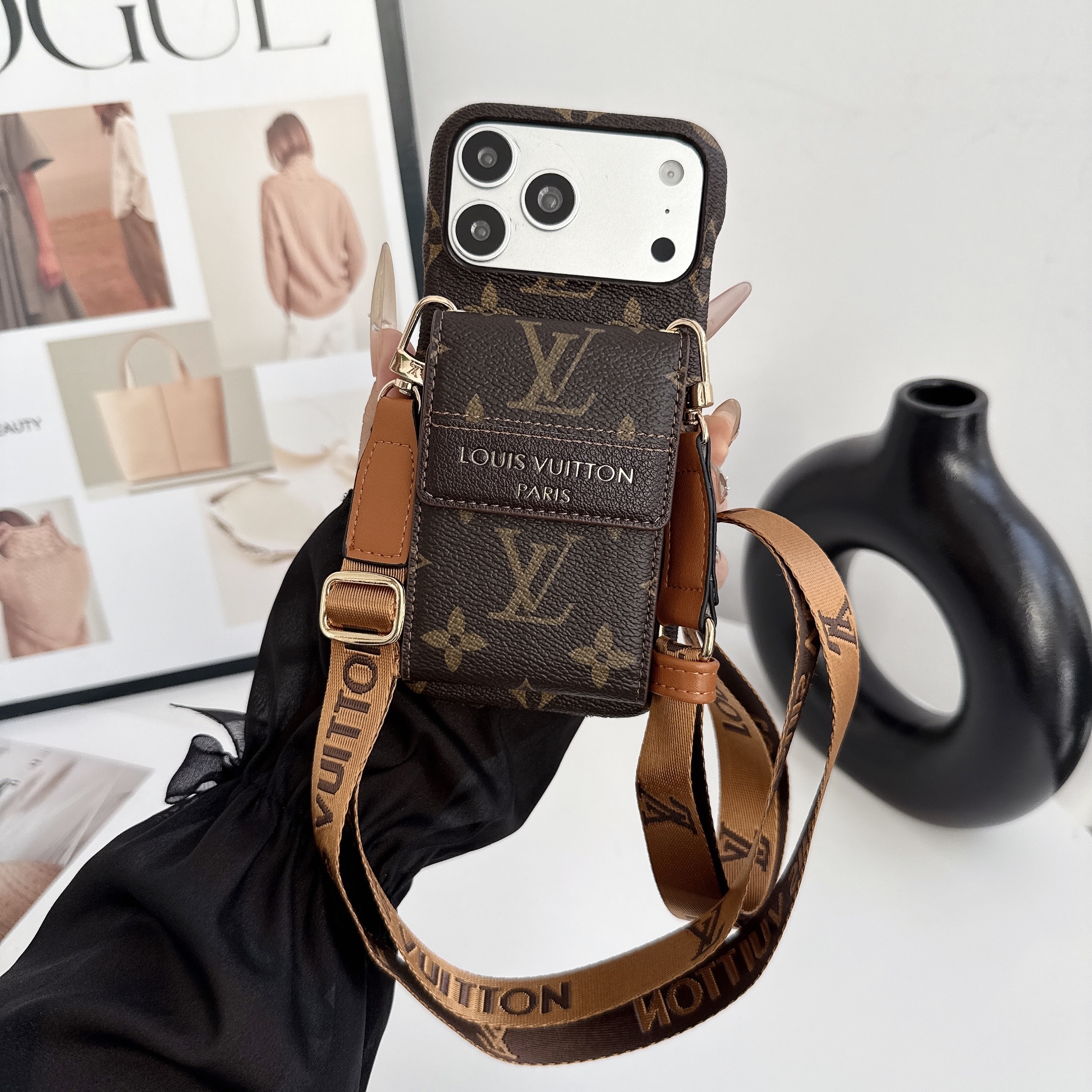 Premium Leather Monogram iPhone Case With Card Holder And Crossbody Strap For iPhone 17 Series-GELV239