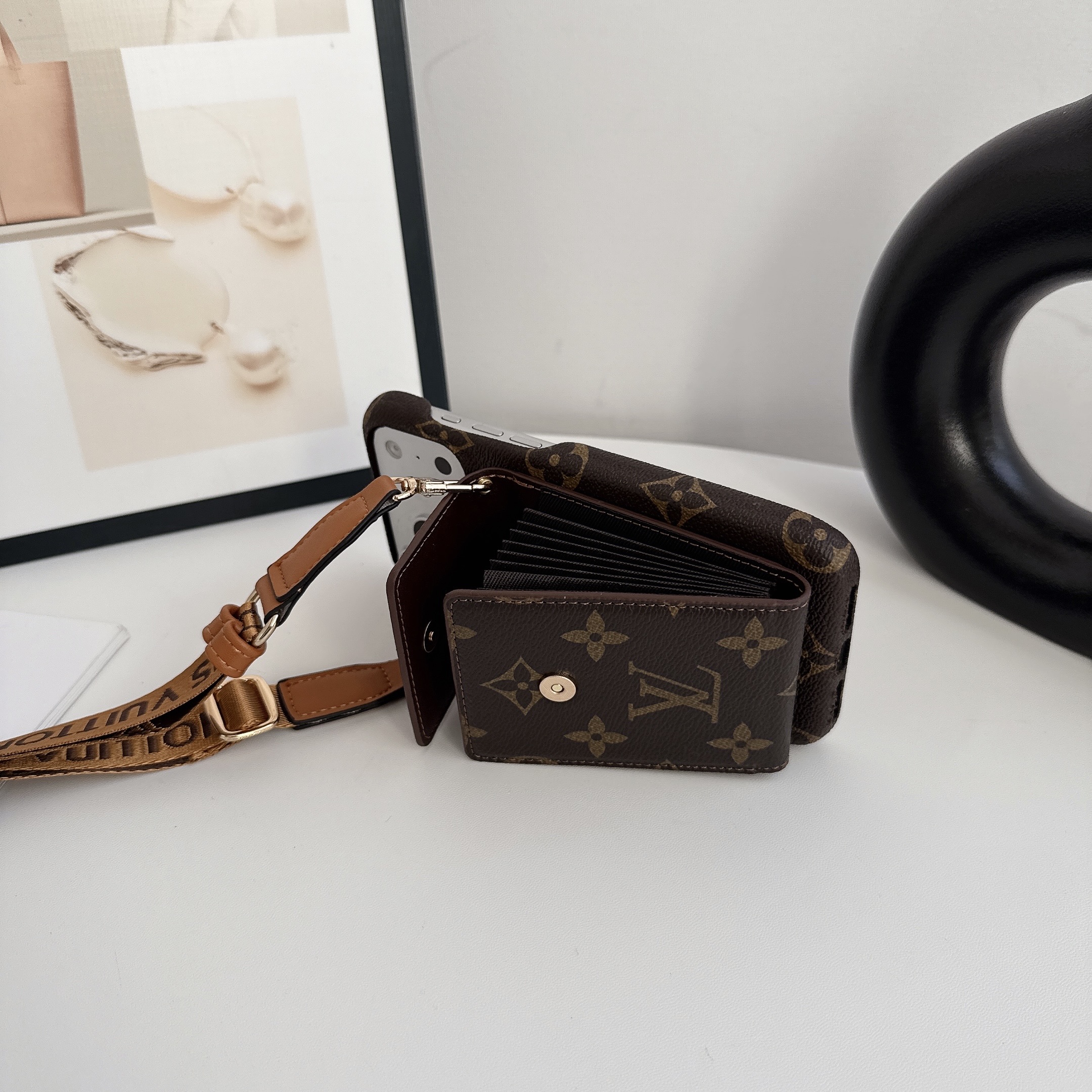 Premium Leather Monogram iPhone Case With Card Holder And Crossbody Strap For iPhone 17 Series-GELV239