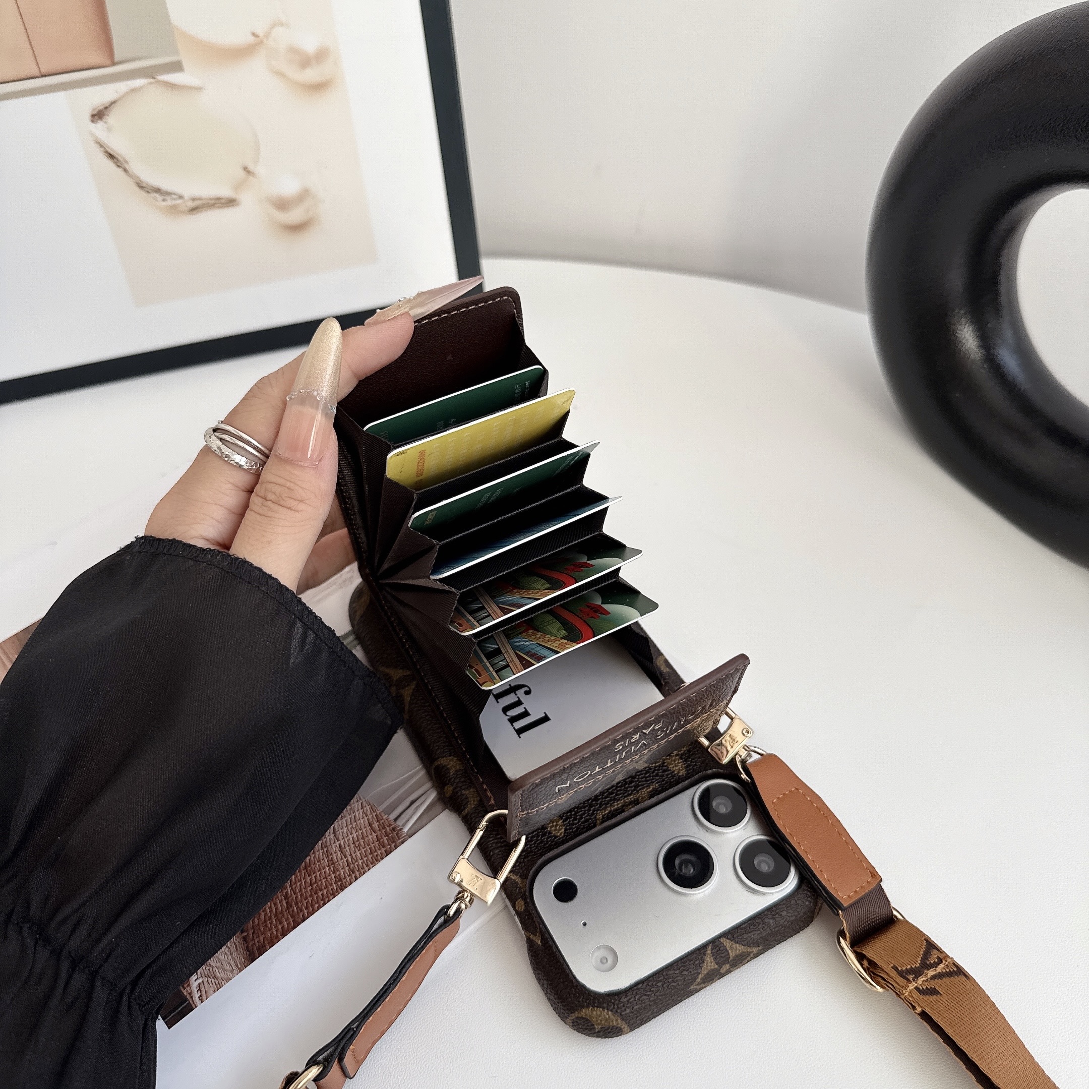 Premium Leather Monogram iPhone Case With Card Holder And Crossbody Strap For iPhone 17 Series-GELV239