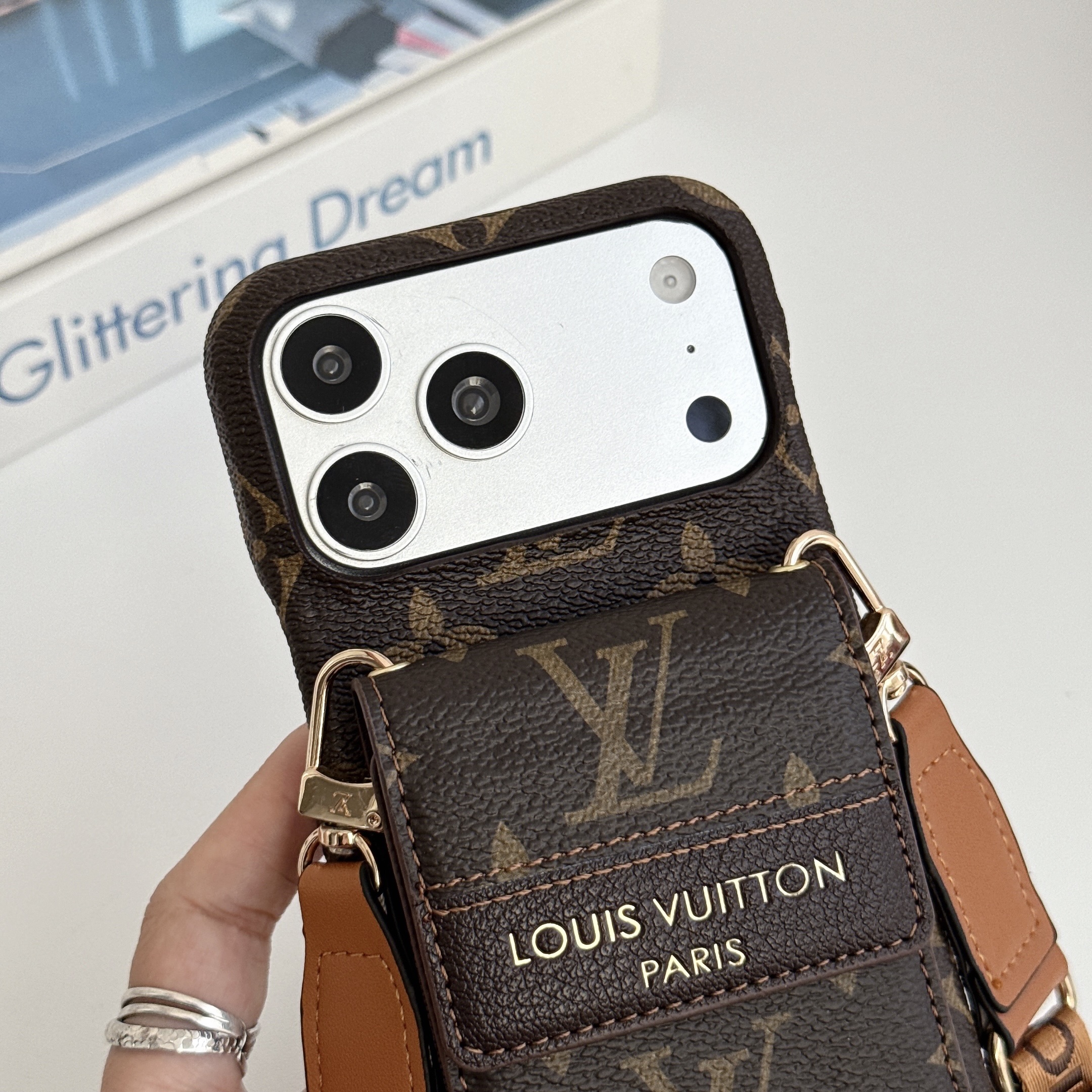 Premium Leather Monogram iPhone Case With Card Holder And Crossbody Strap For iPhone 17 Series-GELV239