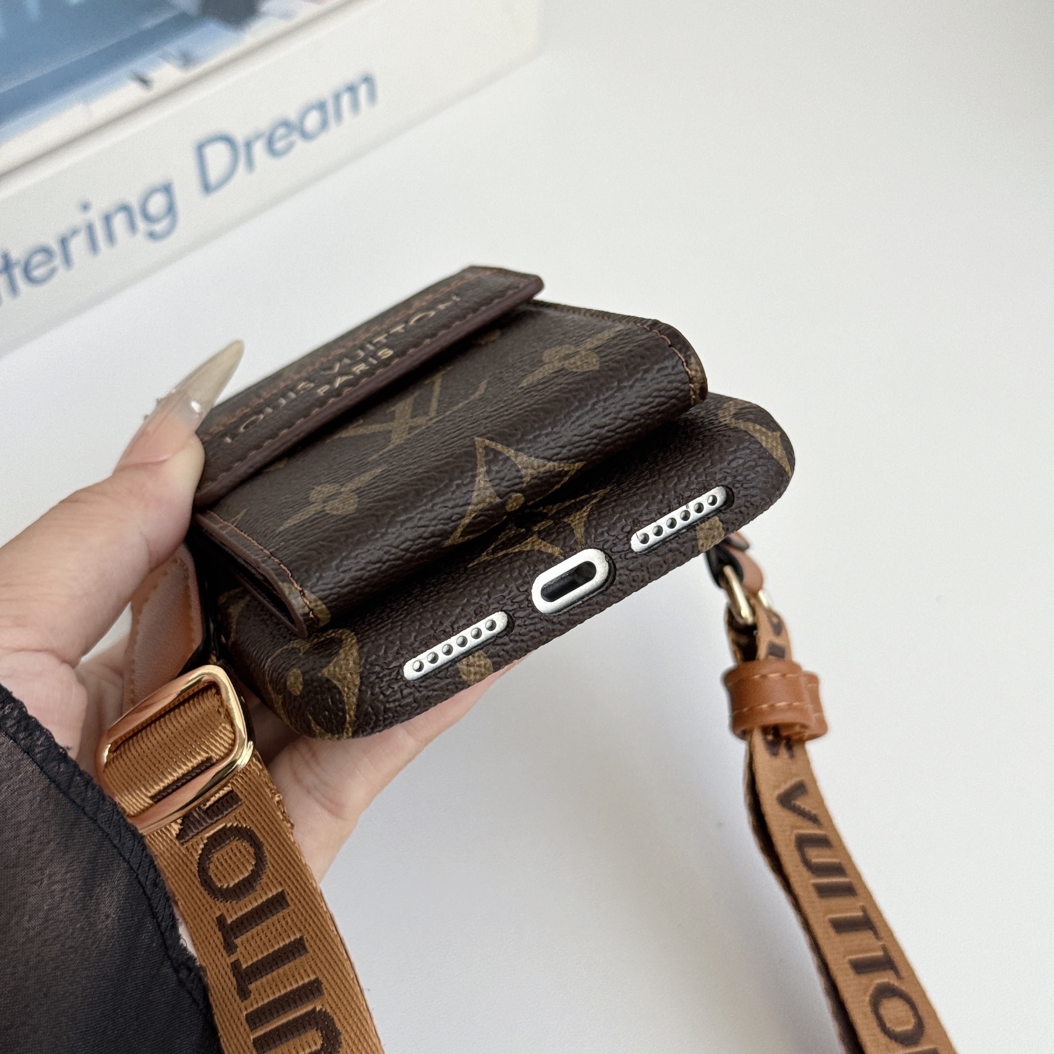 Premium Leather Monogram iPhone Case With Card Holder And Crossbody Strap For iPhone 17 Series-GELV239