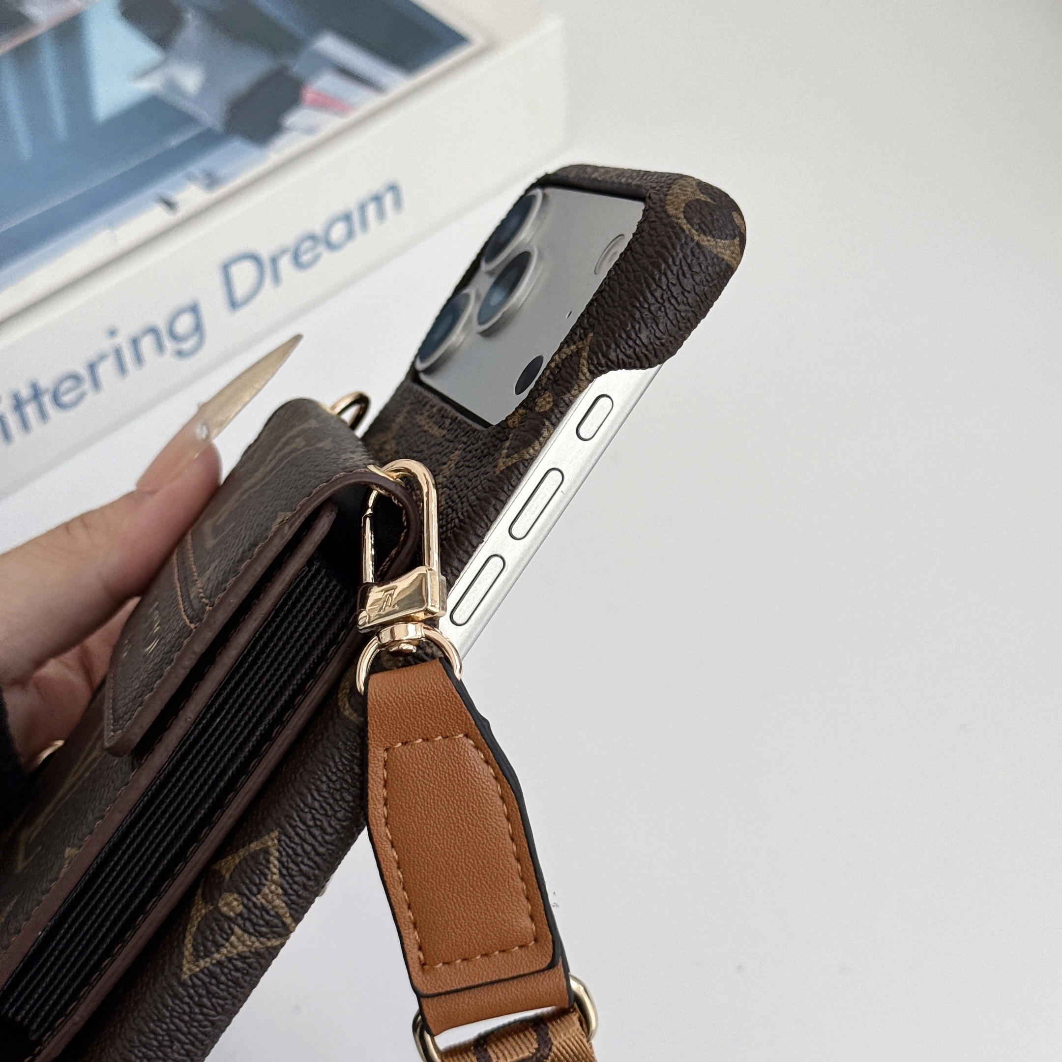 Premium Leather Monogram iPhone Case With Card Holder And Crossbody Strap For iPhone 17 Series-GELV239