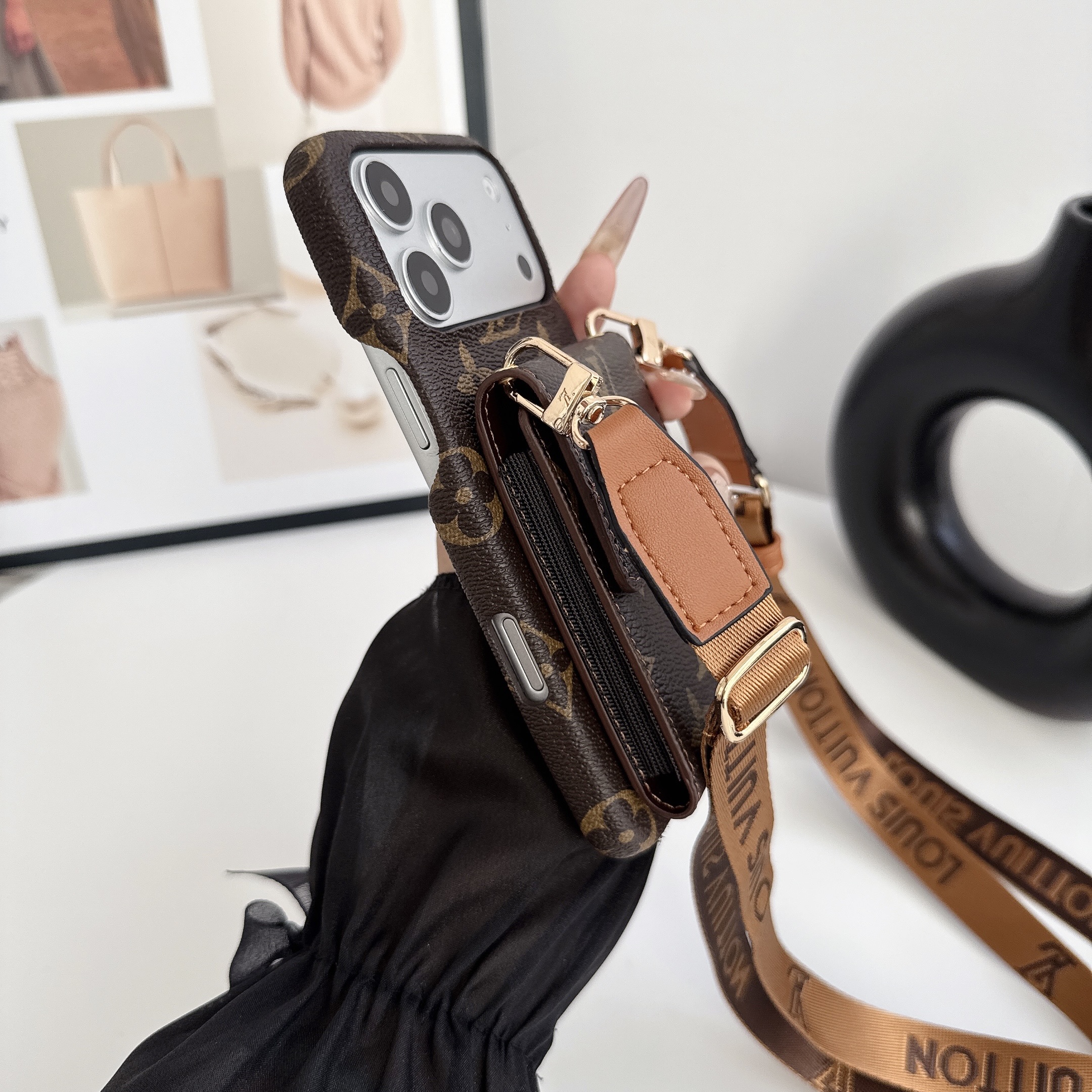 Premium Leather Monogram iPhone Case With Card Holder And Crossbody Strap For iPhone 17 Series-GELV239