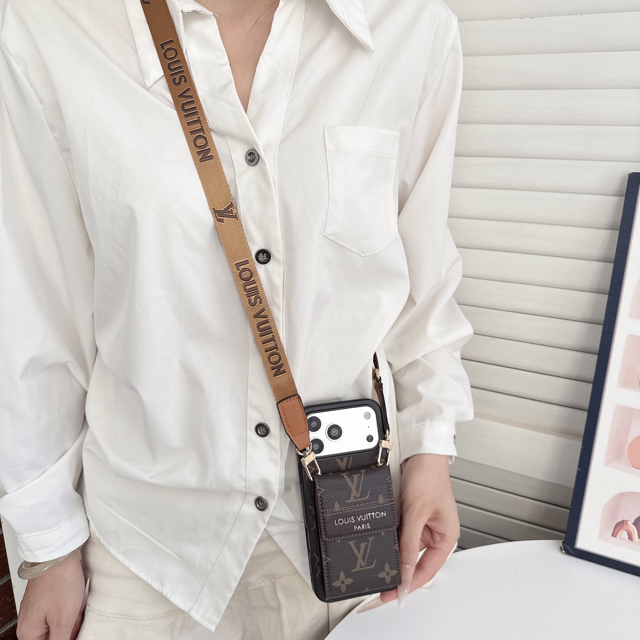 Elegant Leather Monogram iPhone Case With Card Holder And Crossbody Strap For iPhone 17 Series-GELV240