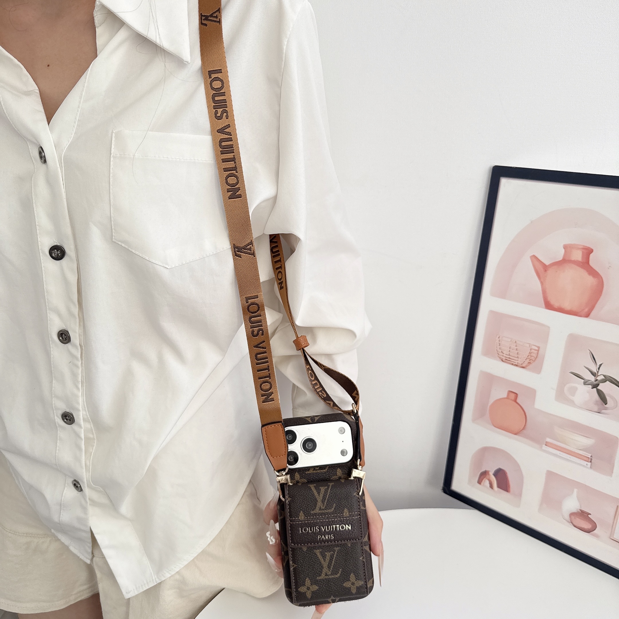 Premium Leather Monogram iPhone Case With Card Holder And Crossbody Strap For iPhone 17 Series-GELV239