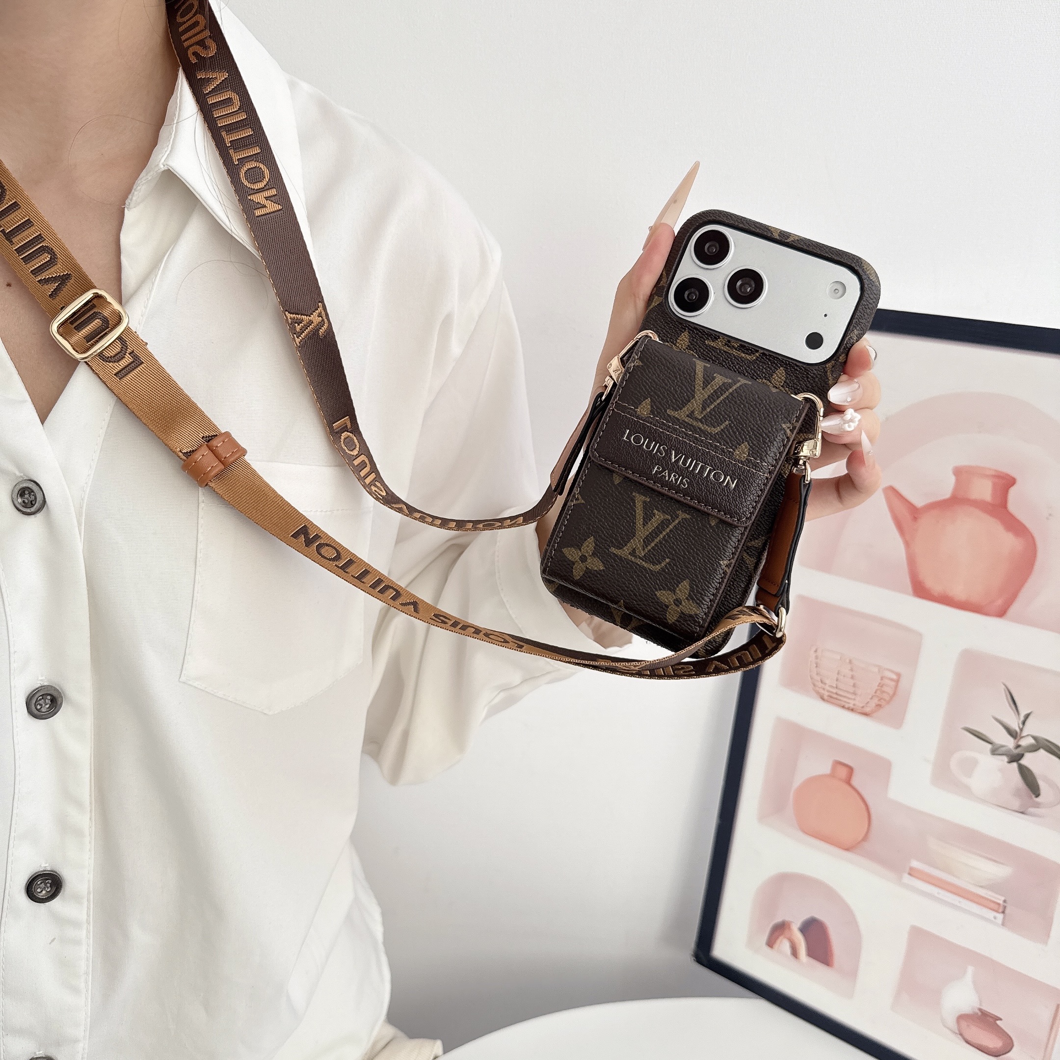 Premium Leather Monogram iPhone Case With Card Holder And Crossbody Strap For iPhone 17 Series-GELV239