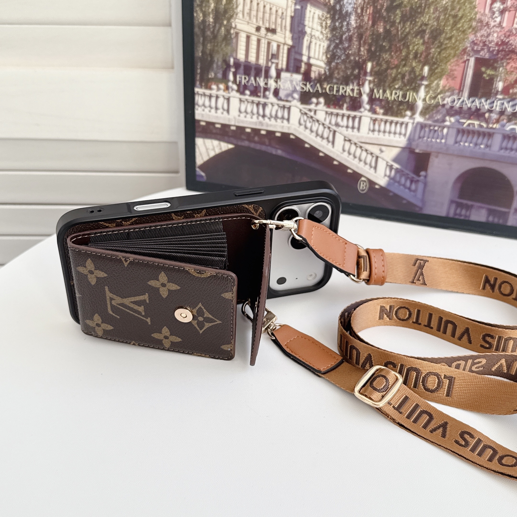 Elegant Leather Monogram iPhone Case With Card Holder And Crossbody Strap For iPhone 17 Series-GELV240
