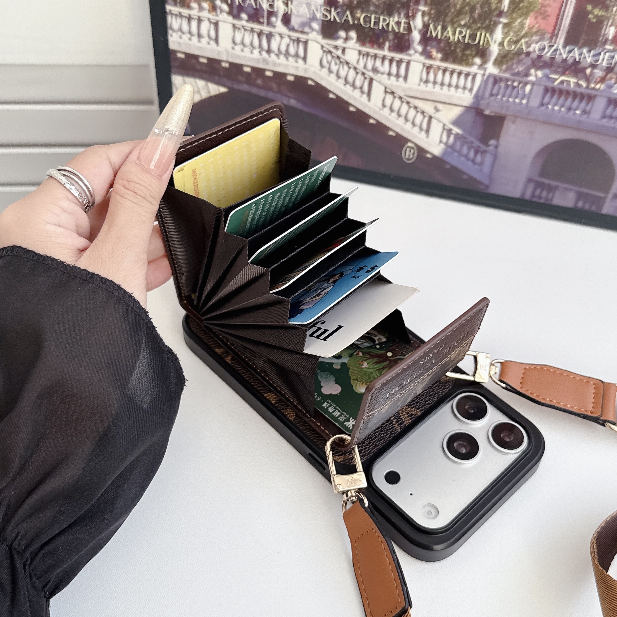 Elegant Leather Monogram iPhone Case With Card Holder And Crossbody Strap For iPhone 17 Series-GELV240