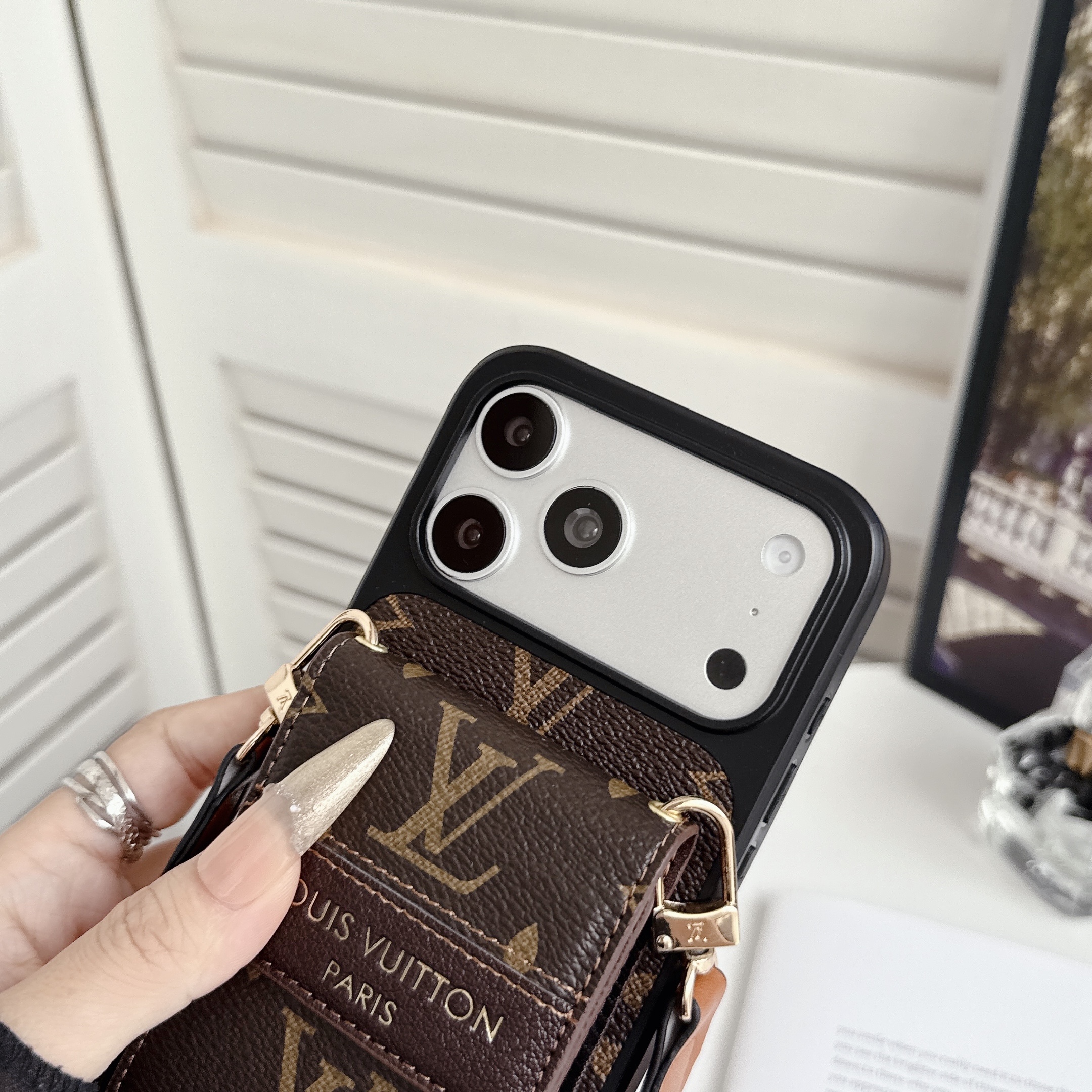 Elegant Leather Monogram iPhone Case With Card Holder And Crossbody Strap For iPhone 17 Series-GELV240