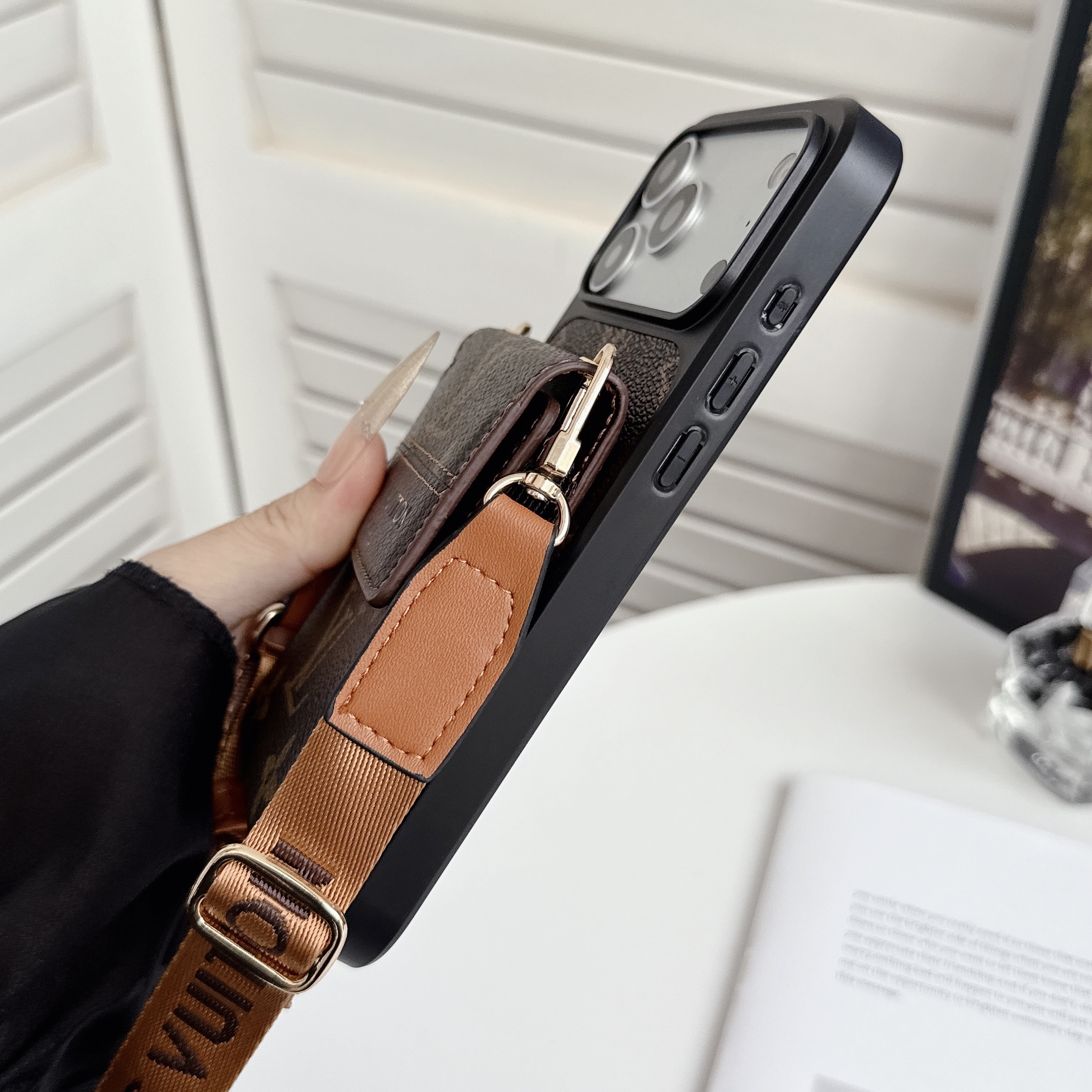 Elegant Leather Monogram iPhone Case With Card Holder And Crossbody Strap For iPhone 17 Series-GELV240