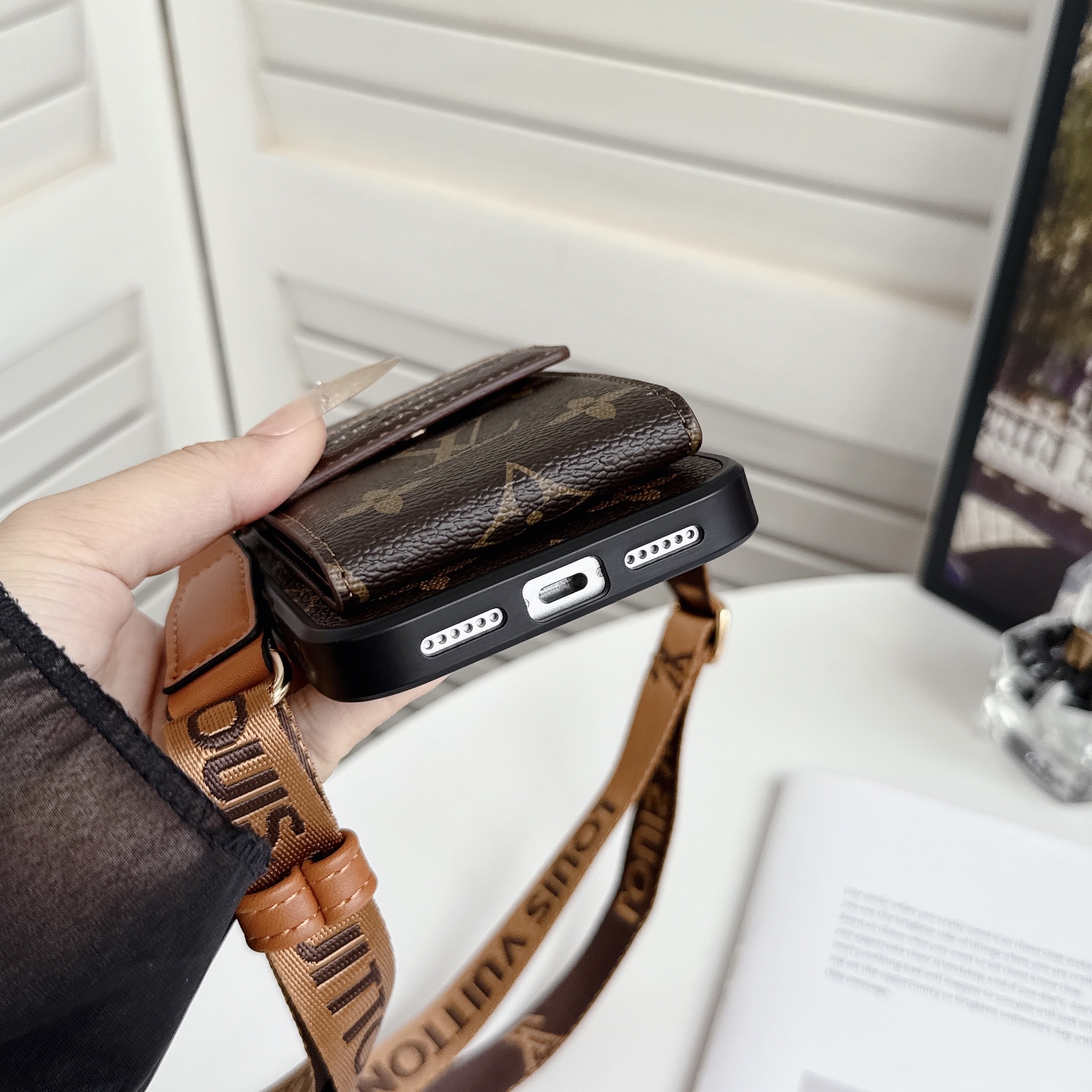 Elegant Leather Monogram iPhone Case With Card Holder And Crossbody Strap For iPhone 17 Series-GELV240