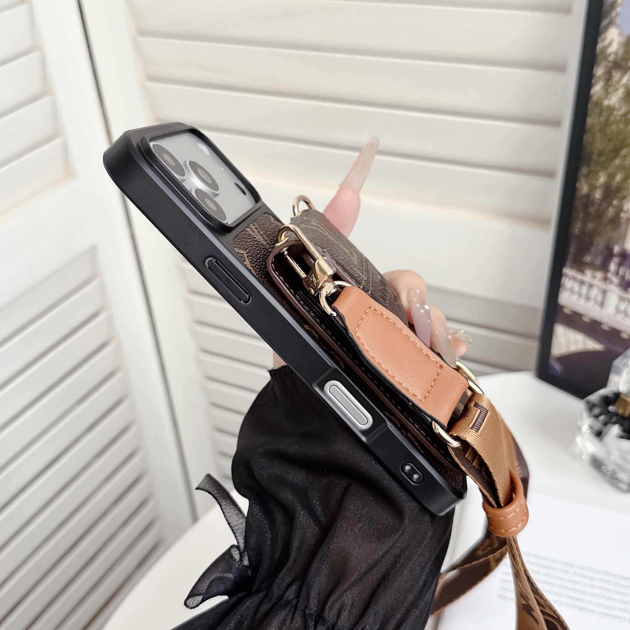 Elegant Leather Monogram iPhone Case With Card Holder And Crossbody Strap For iPhone 17 Series-GELV240