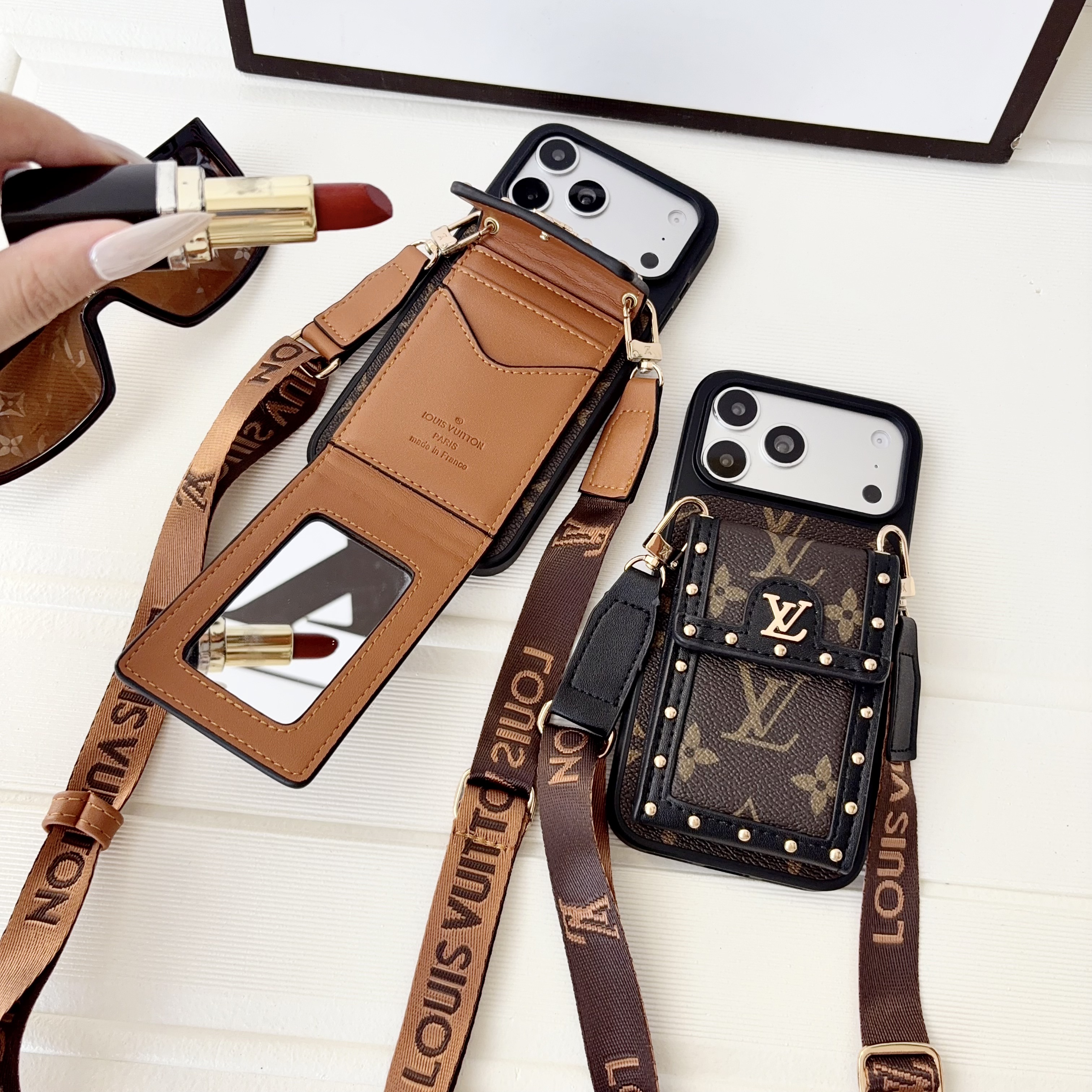 Classic Leather Monogram iPhone Case With Card Holder And Crossbody Strap For iPhone 17 Series-GELV237