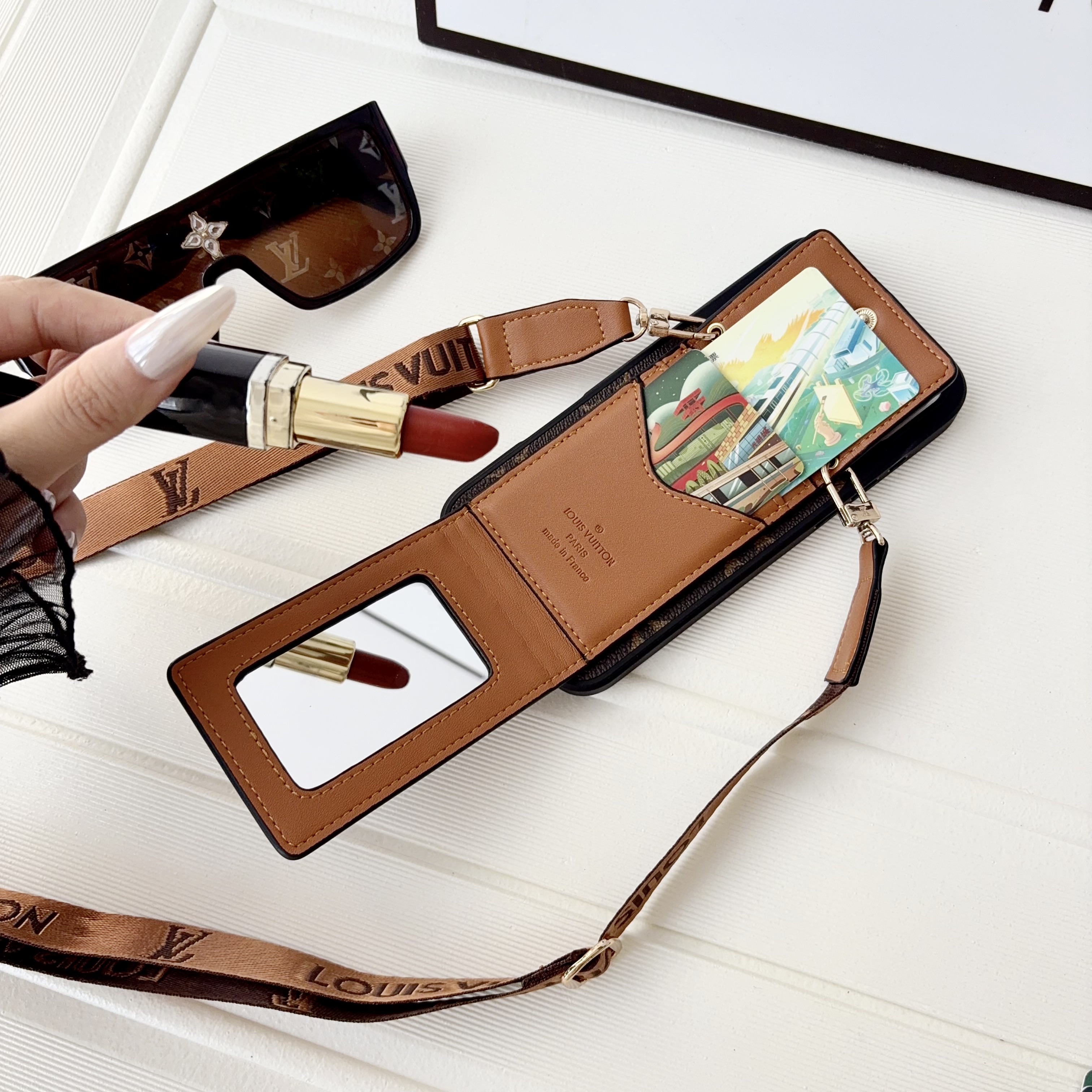 Classic Leather Monogram iPhone Case With Card Holder And Crossbody Strap For iPhone 17 Series-GELV237