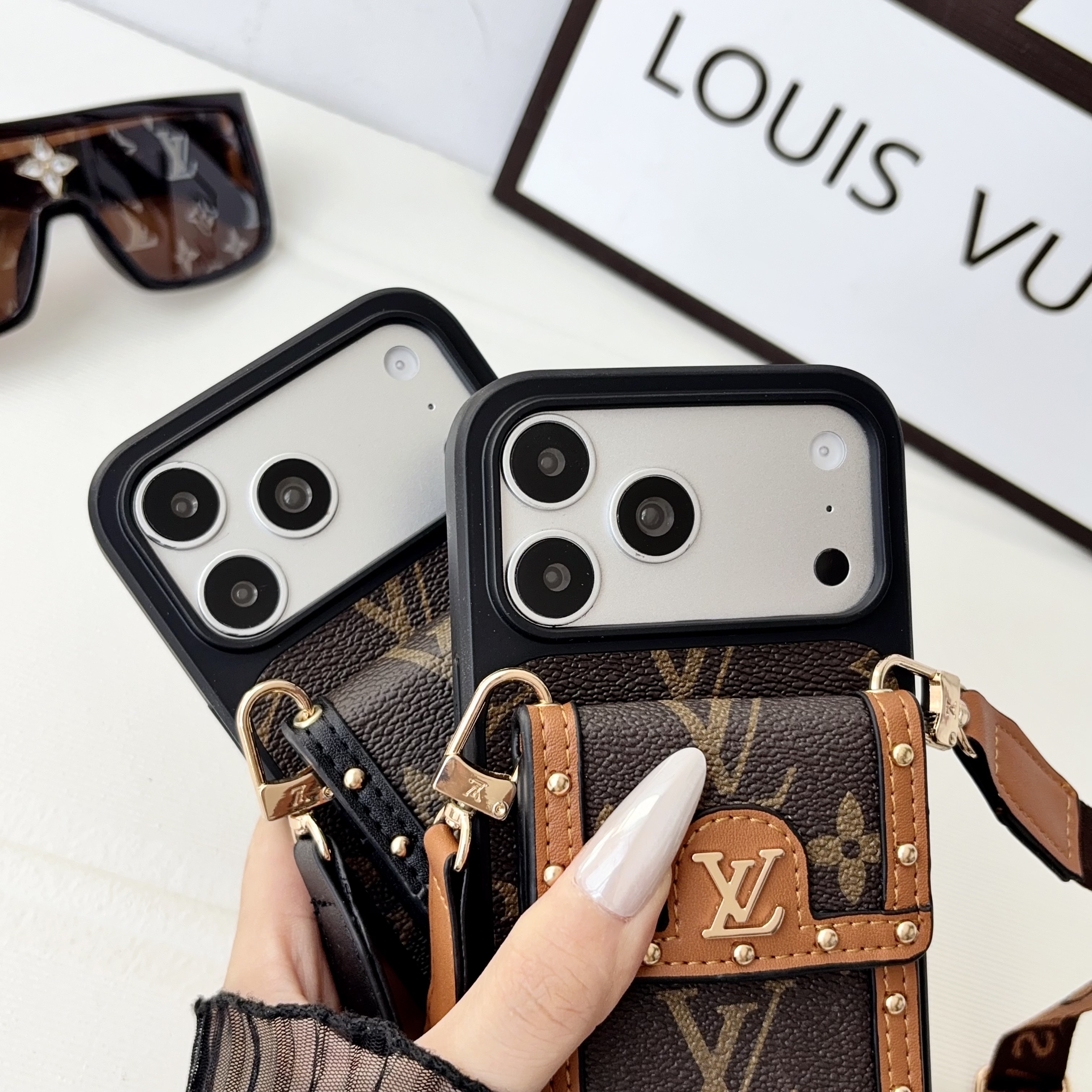 Classic Leather Monogram iPhone Case With Card Holder And Crossbody Strap For iPhone 17 Series-GELV237