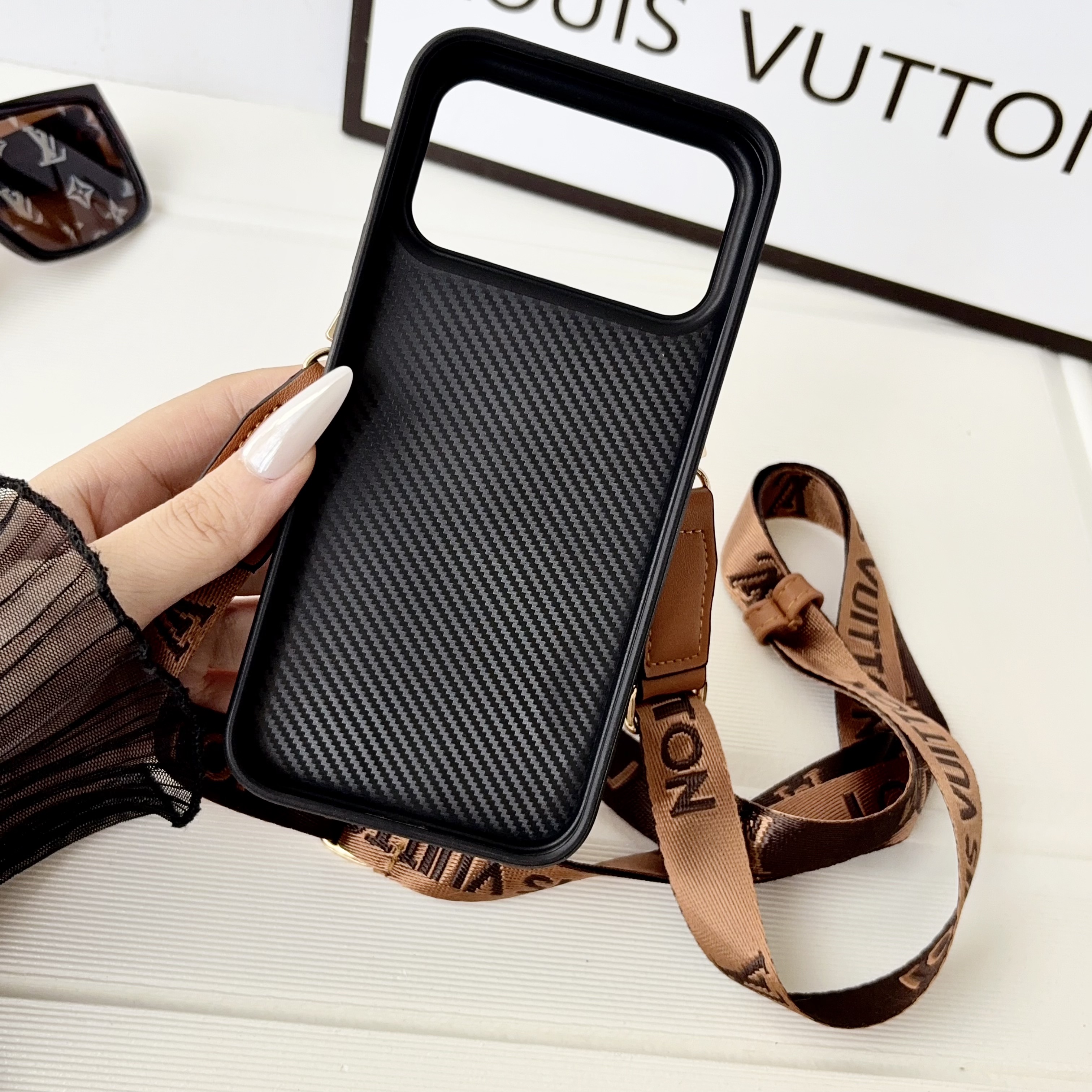 Classic Leather Monogram iPhone Case With Card Holder And Crossbody Strap For iPhone 17 Series-GELV237