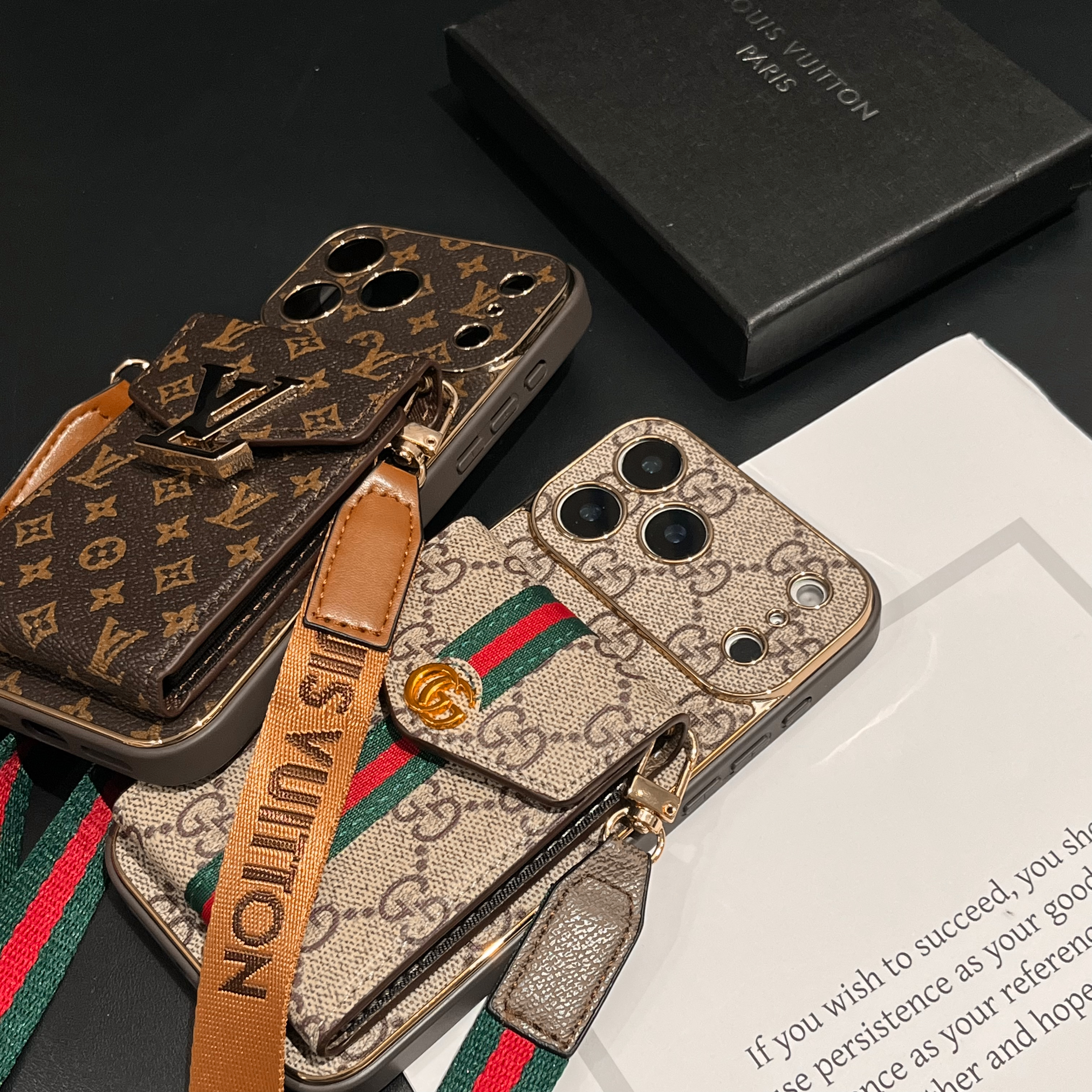 Premium  Leather GG iPhone Case With Card Wallet And Crossbody Strap For iPhone 17 Series-GEGG162
