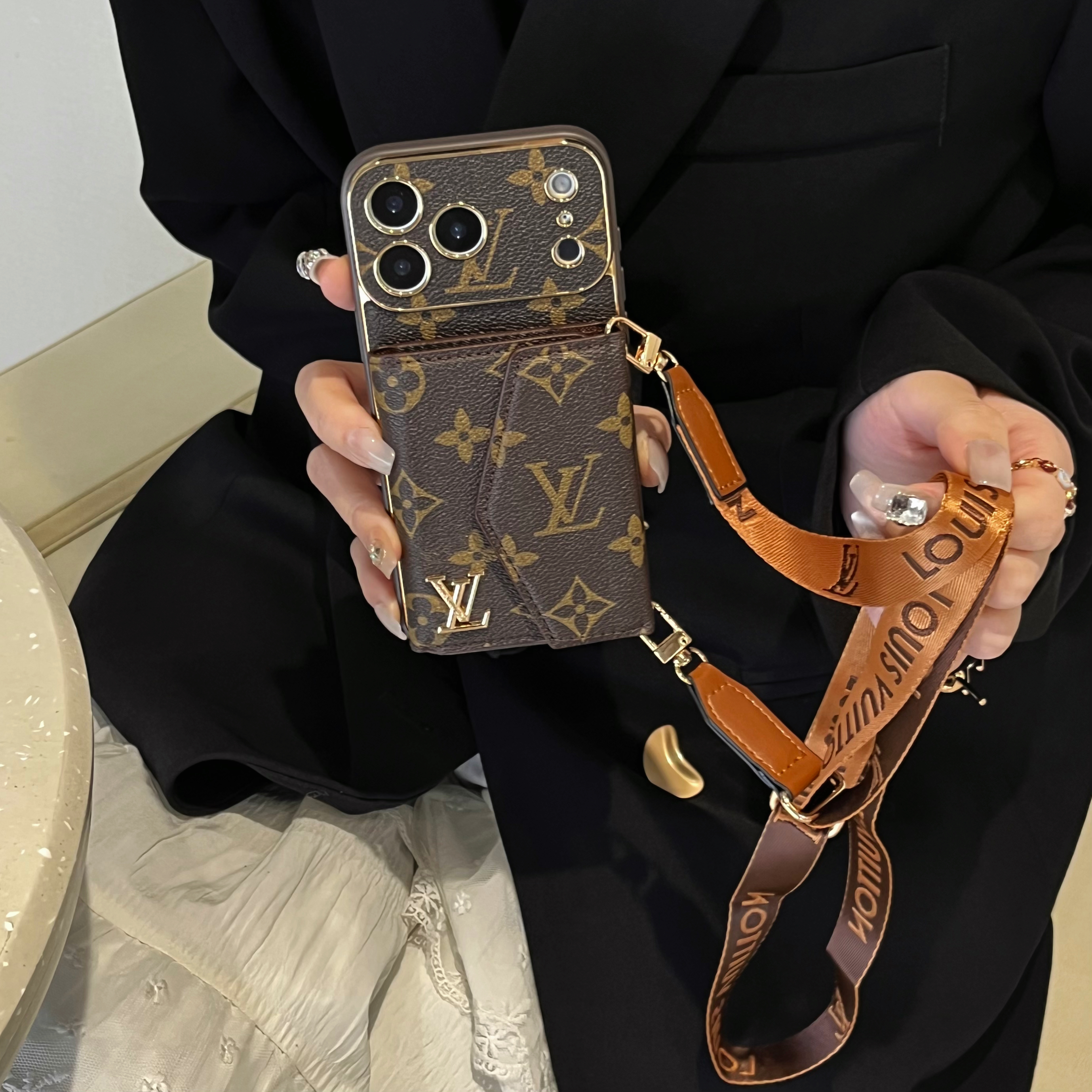 Leather Monogram iPhone Case With Card Holder And Strap For iPhone 17 Series-GELV002