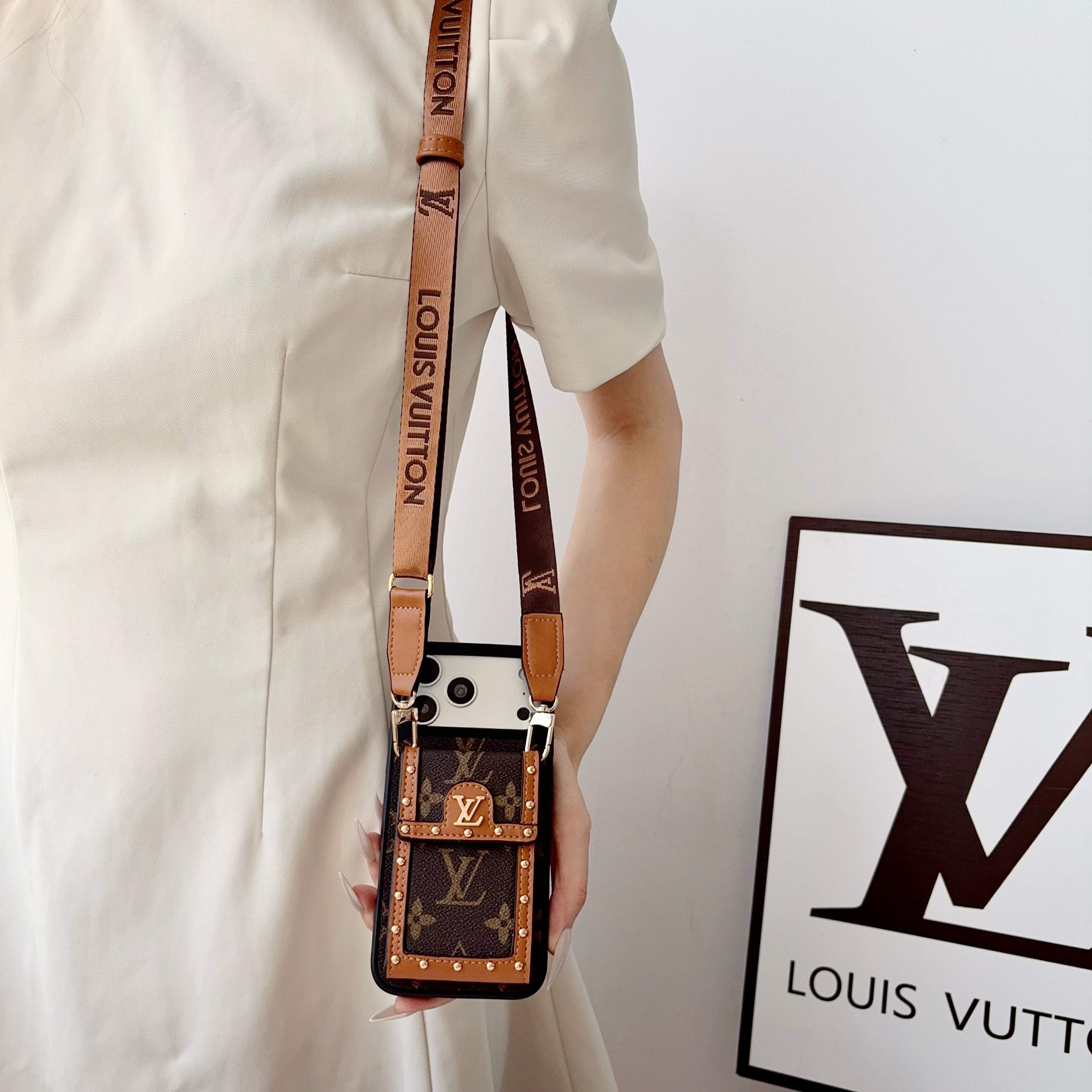 Classic Leather Monogram iPhone Case With Card Holder And Crossbody Strap For iPhone 17 Series-GELV237