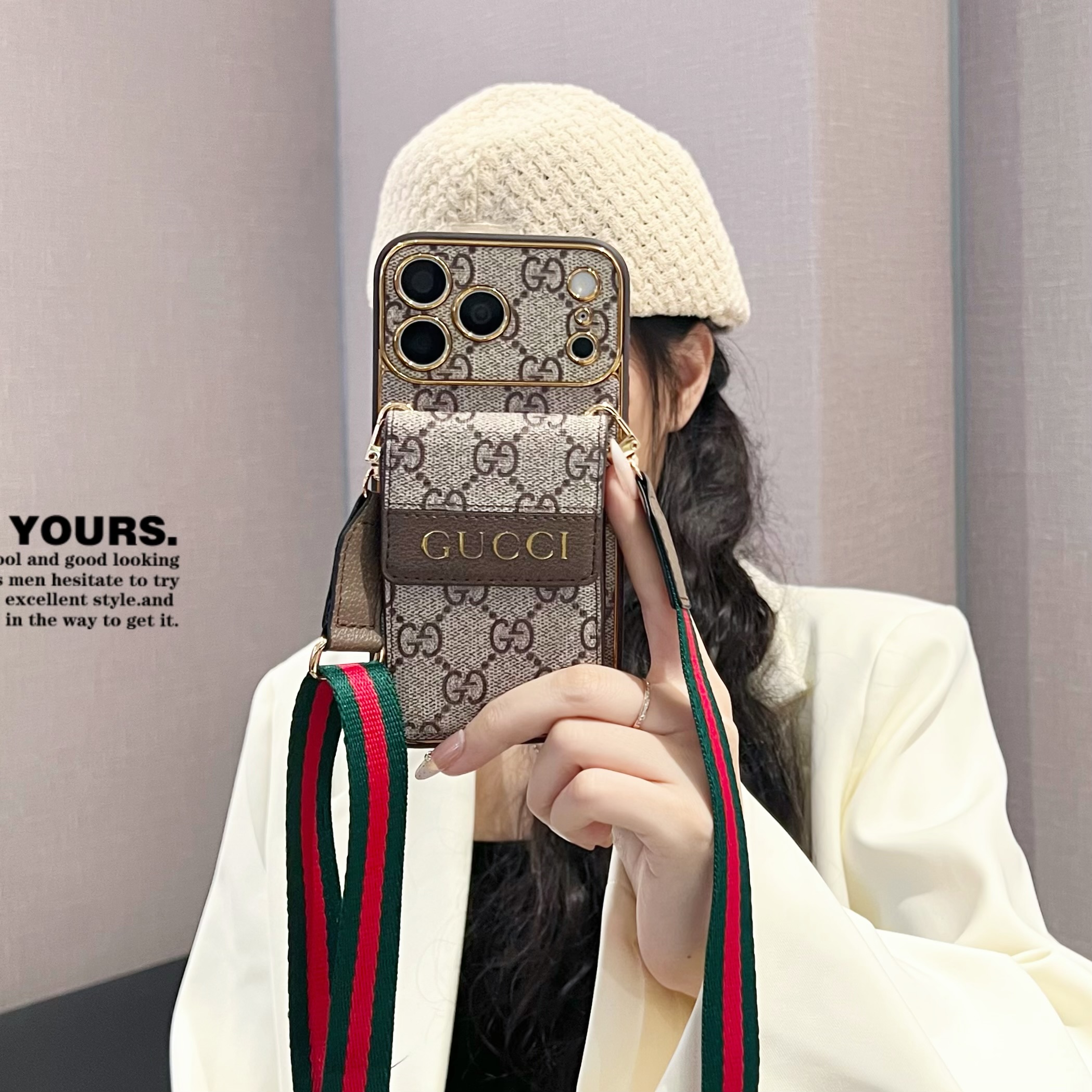 Premium  Leather GG iPhone Case With Card Wallet And Crossbody Strap For iPhone 17 Series-GEGG165