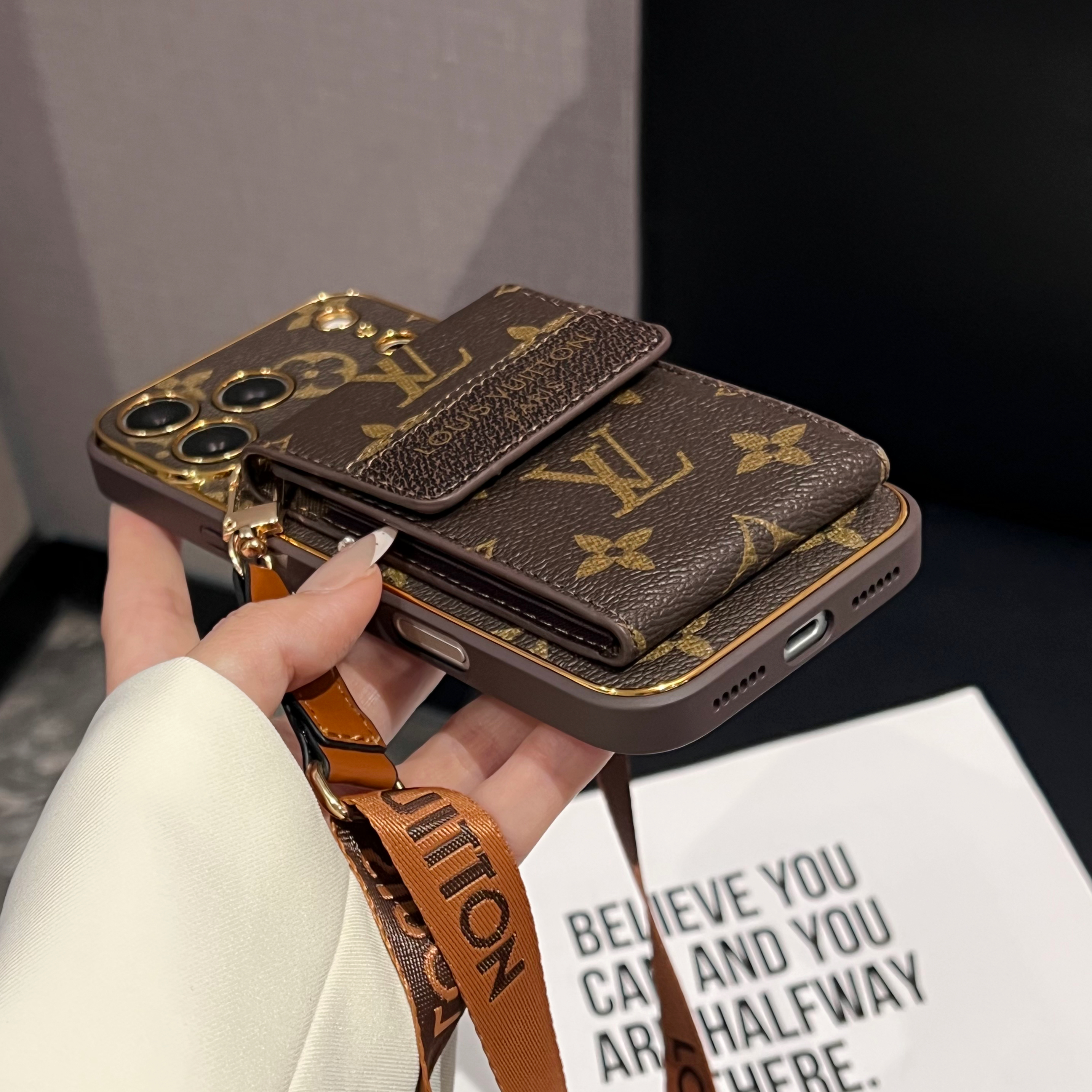 Leather  Monogram iPhone Case With Wallet And Crossbody Strap For iPhone 17 Series-GELV166