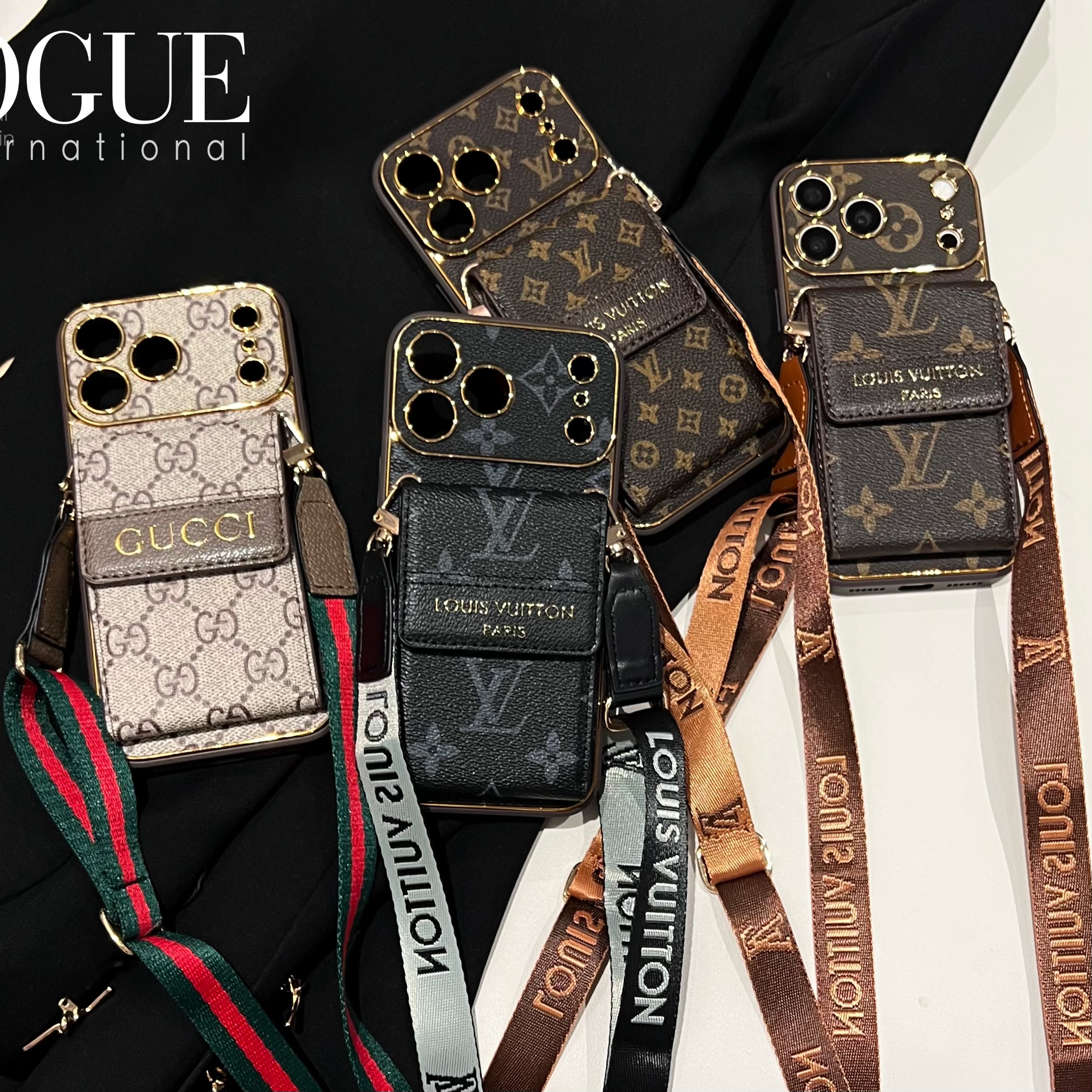 Premium  Leather GG iPhone Case With Card Wallet And Crossbody Strap For iPhone 17 Series-GEGG165