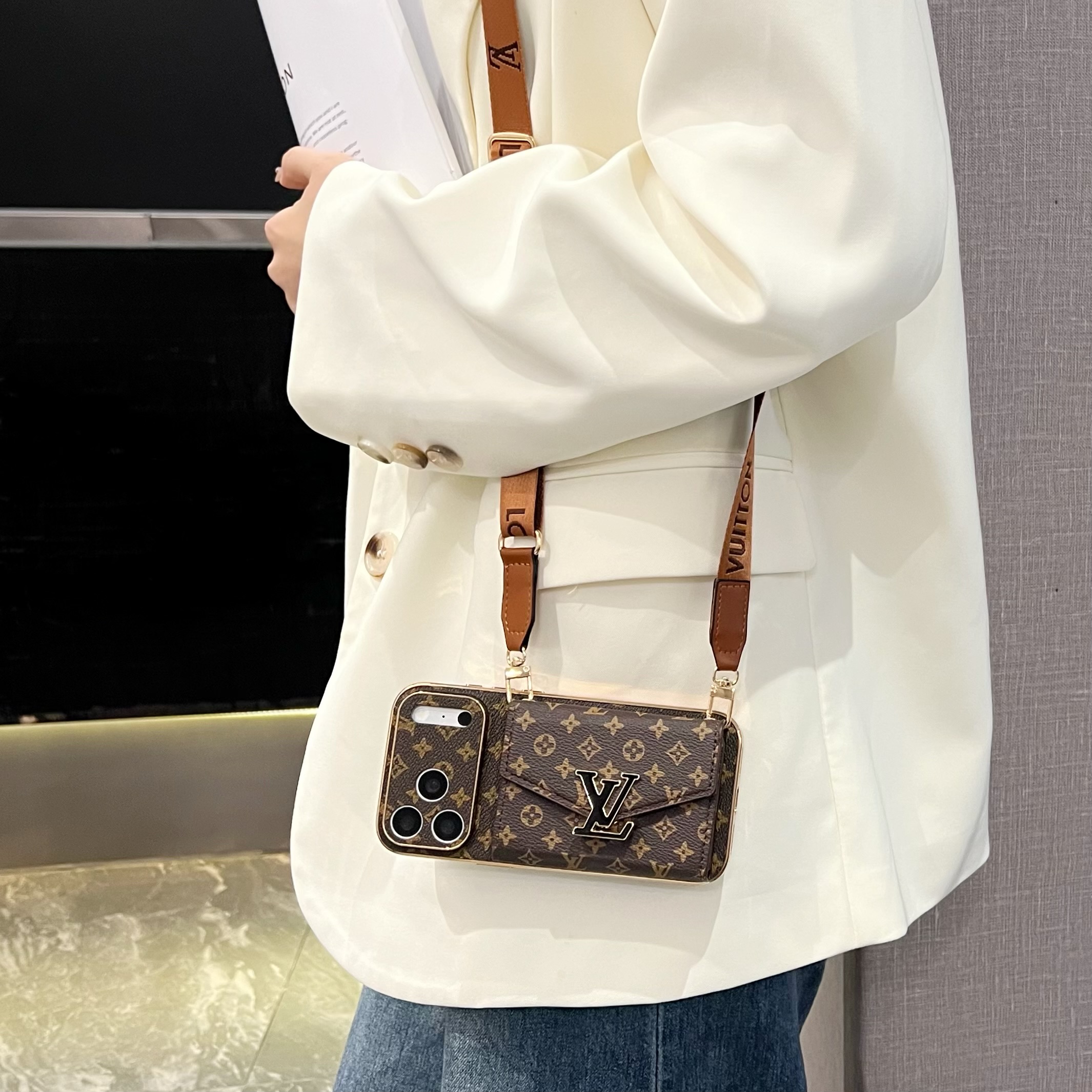 High-quality Leather  Monogram iPhone Case With Wallet And Crossbody Strap For iPhone 17 Series-GELV168