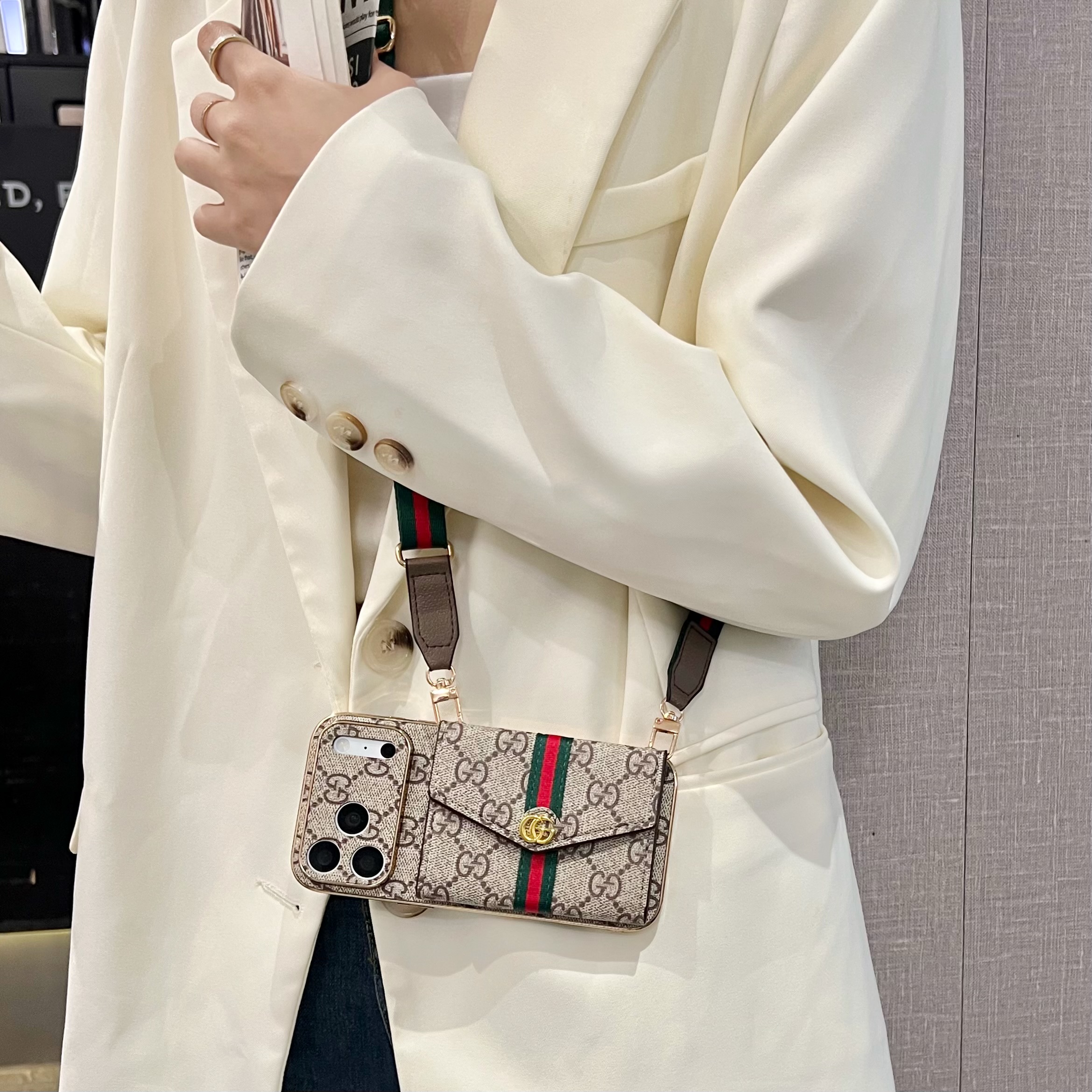 Elegant  Leather GG iPhone Case With Card Wallet And Crossbody Strap For iPhone 17 Series-GEGG167