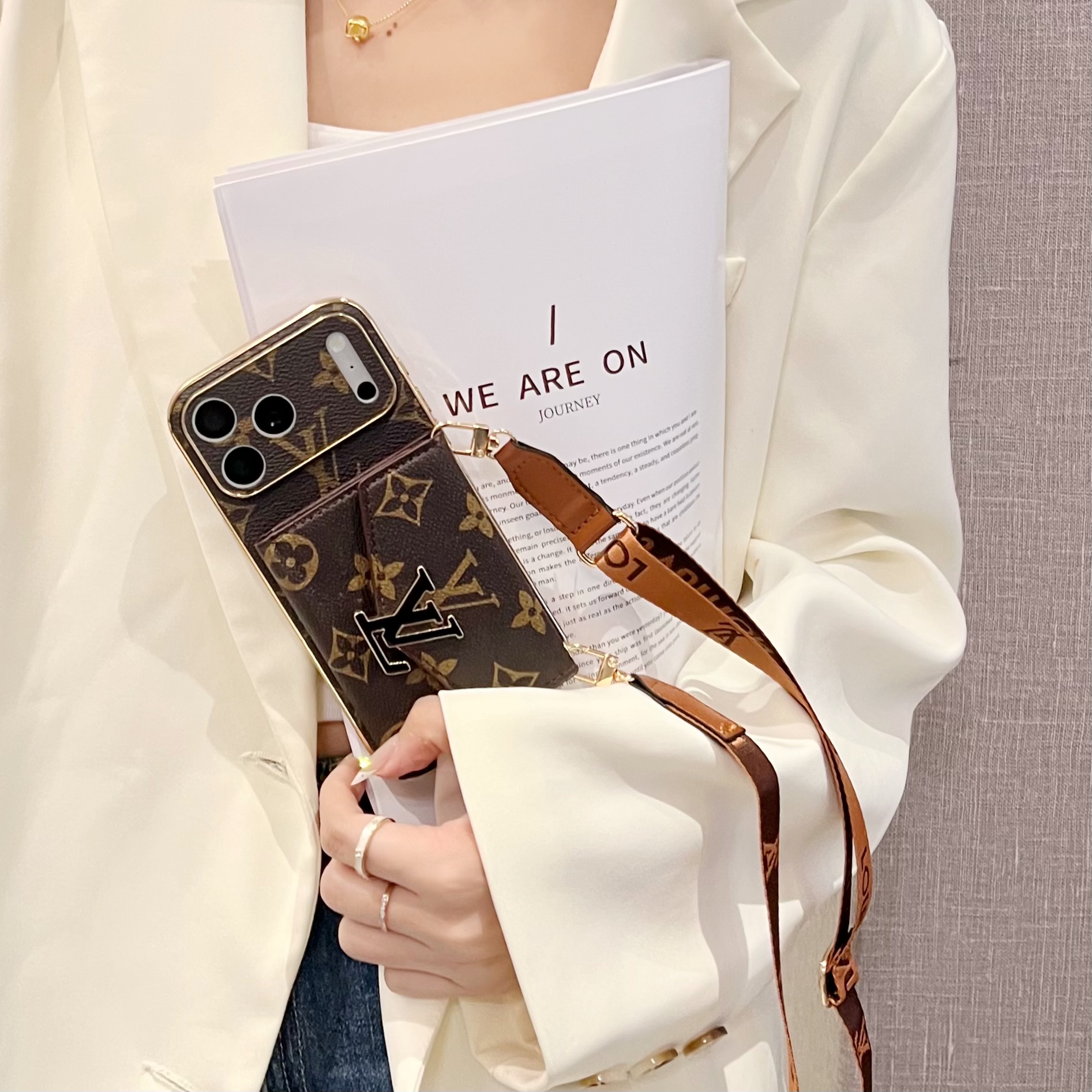 High-quality Leather  Monogram iPhone Case With Wallet And Crossbody Strap For iPhone 17 Series-GELV168