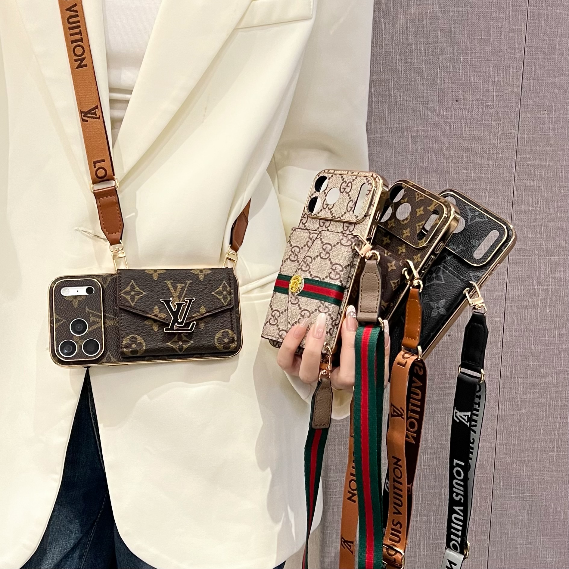 Elegant  Leather GG iPhone Case With Card Wallet And Crossbody Strap For iPhone 17 Series-GEGG167