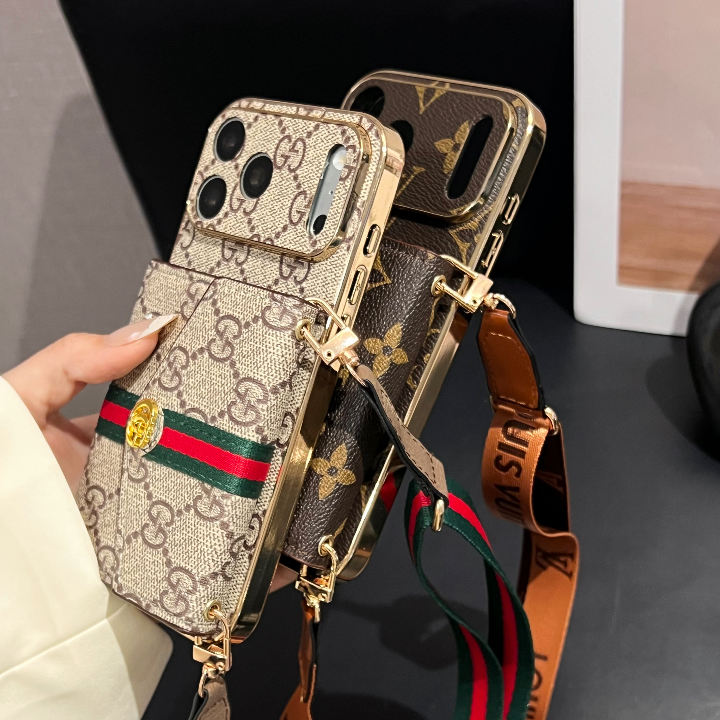 Elegant  Leather GG iPhone Case With Card Wallet And Crossbody Strap For iPhone 17 Series-GEGG167