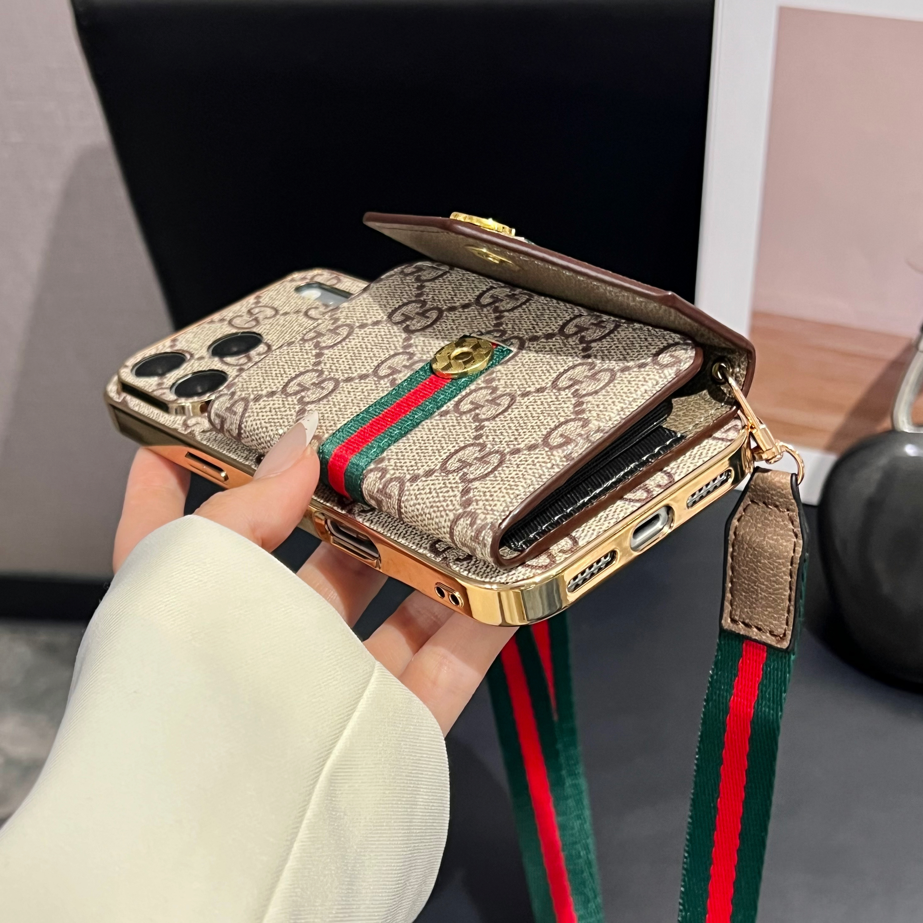 Elegant  Leather GG iPhone Case With Card Wallet And Crossbody Strap For iPhone 17 Series-GEGG167