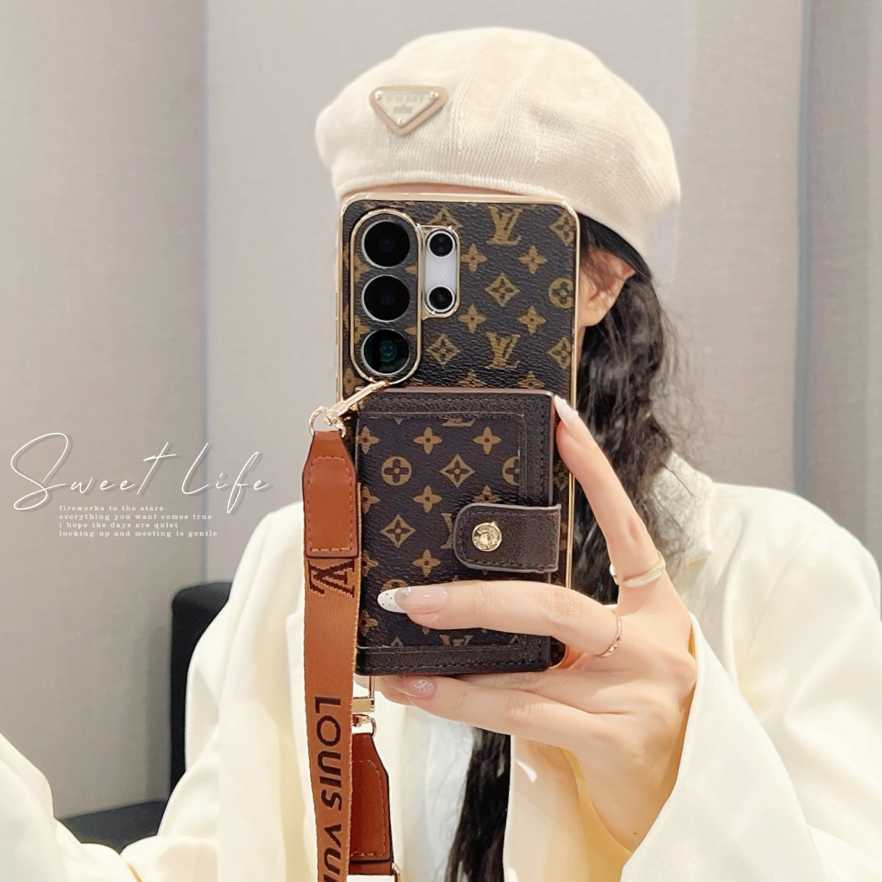 Luxury Leather Monogram Samsung Galaxy S Series Case With Wallet And Crossbody Strap-GELV170