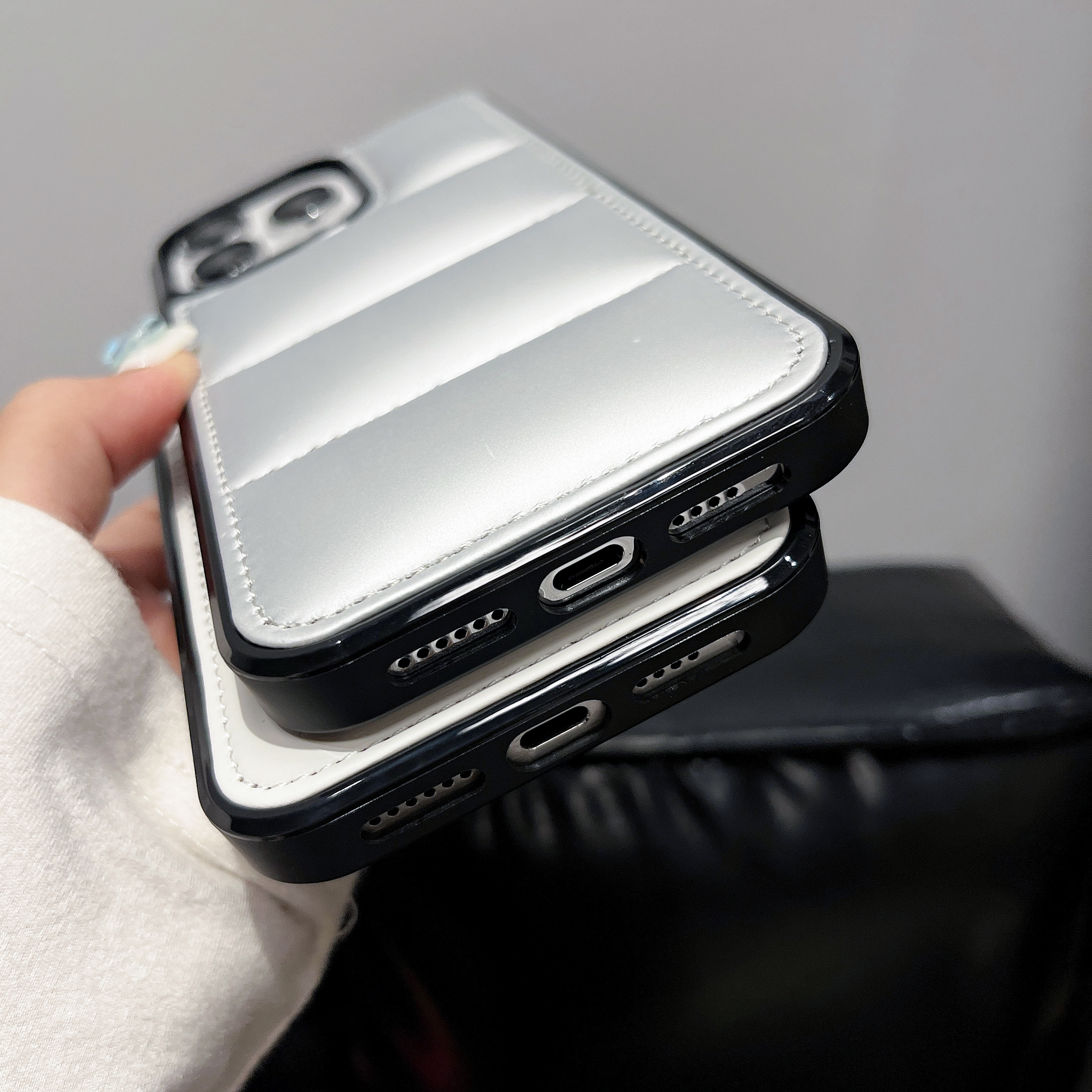 Leather Puffer Phone Case For iPhone Gray-ZPK251625