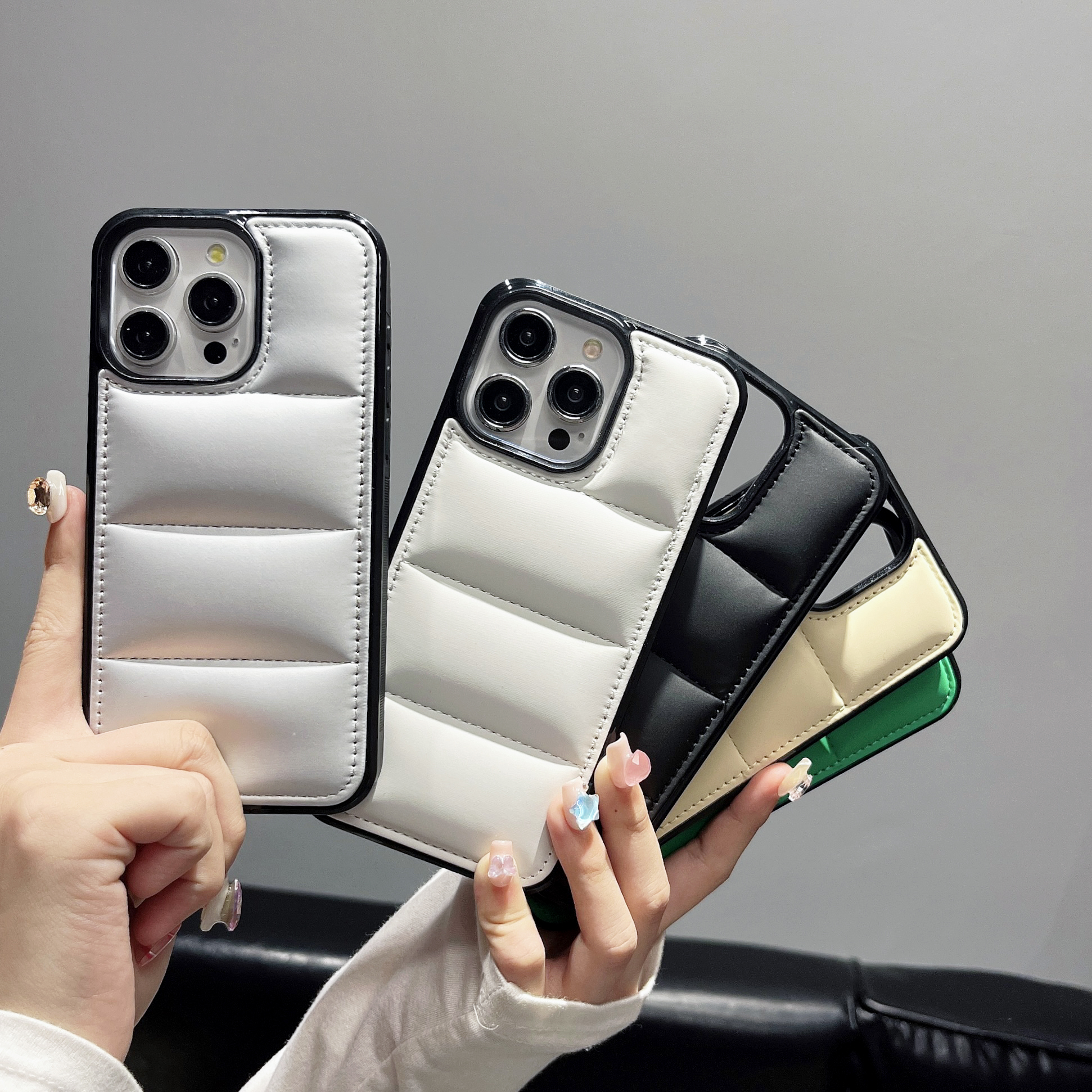 Leather Puffer Phone Case For iPhone Gray-ZPK251625