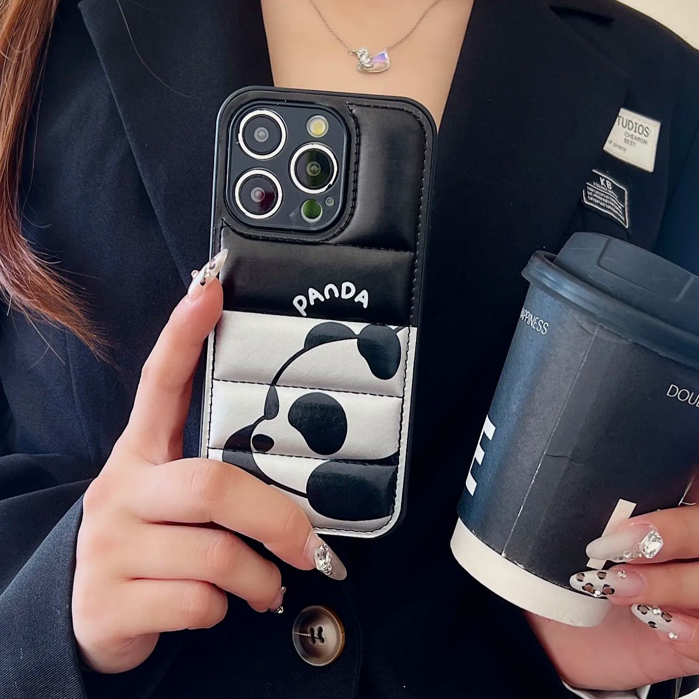 Panda Puffer Phone Case For iPhone Black-XMK251459