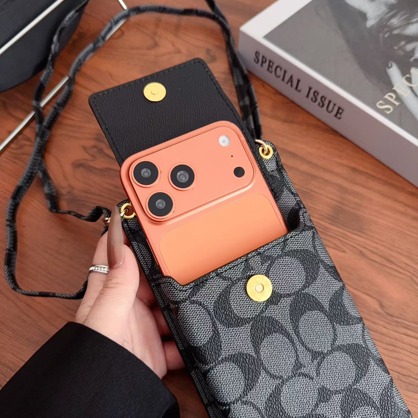 Elegant Leather CH iPhone Case With Wallet And Crossbody Strap For iPhone 17 Series-GECH203