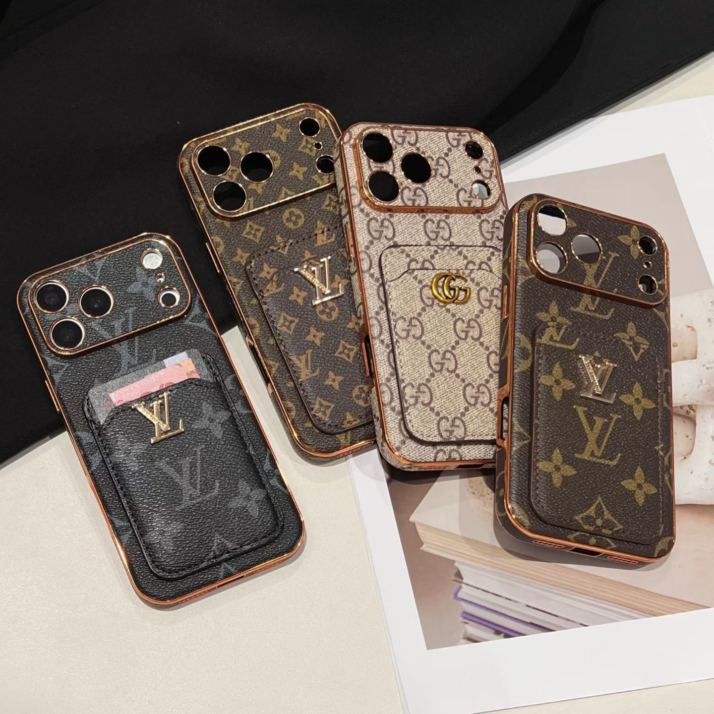Elegant Leather Monogram iPhone Case With Card Holder For iPhone 17 Series-GELV234