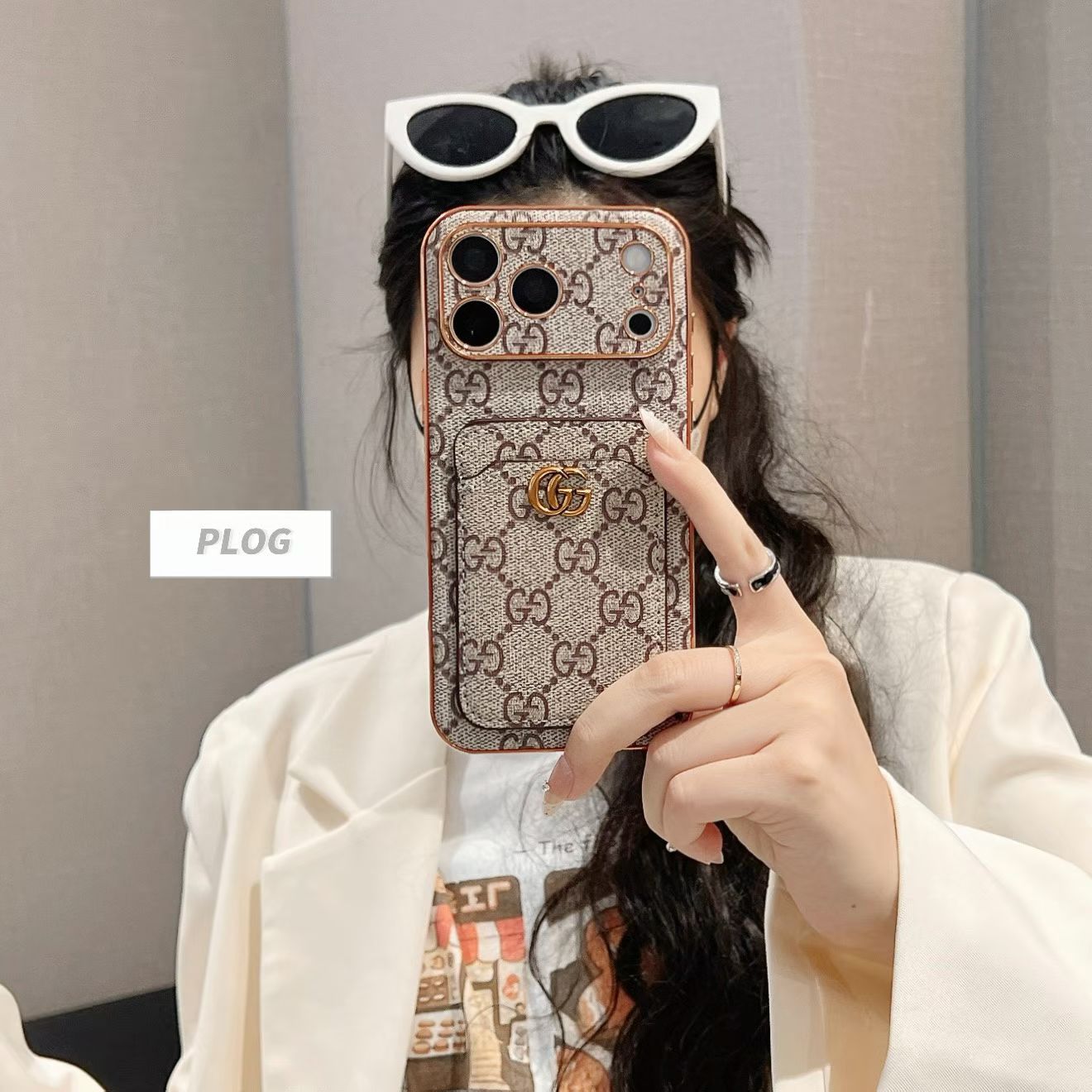 Luxury Leather GG iPhone Case With Card Holder For iPhone 17 Series-GEGG235
