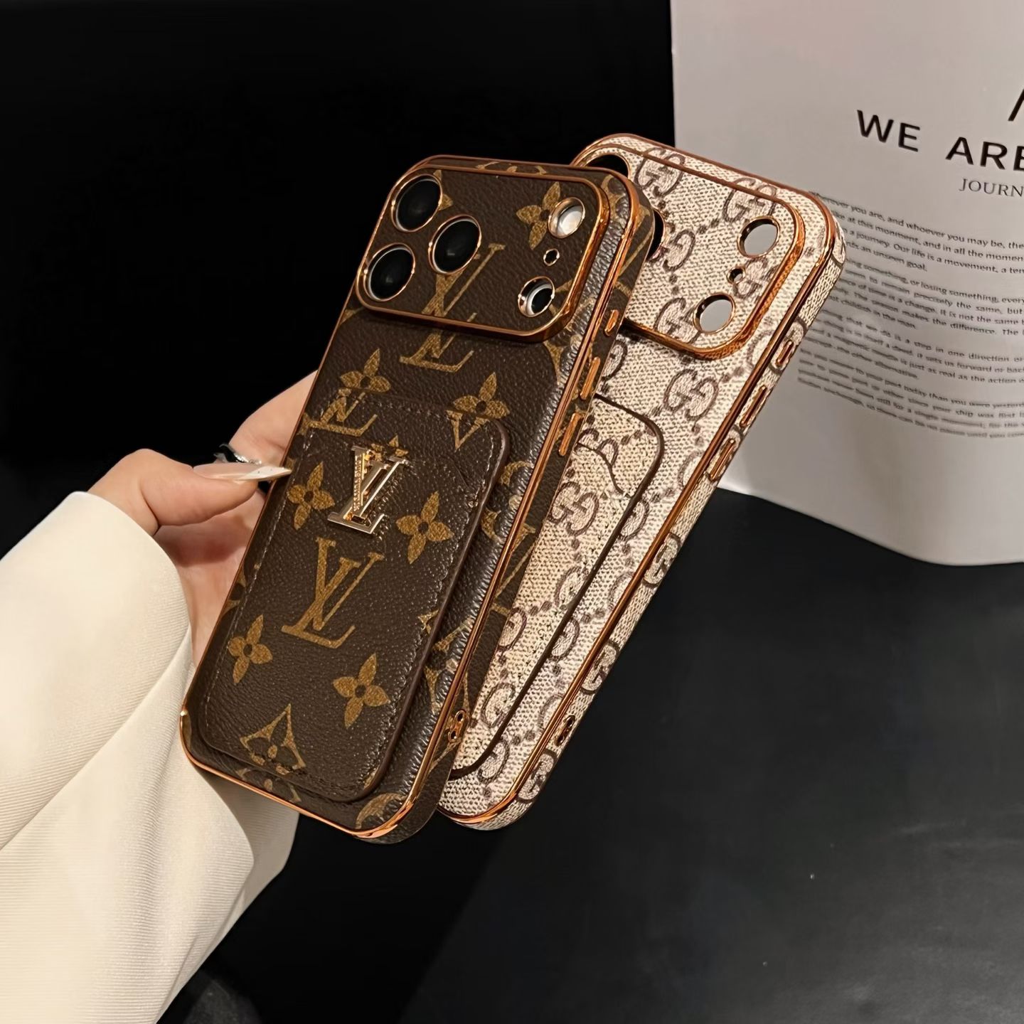 Elegant Leather Monogram iPhone Case With Card Holder For iPhone 17 Series-GELV234