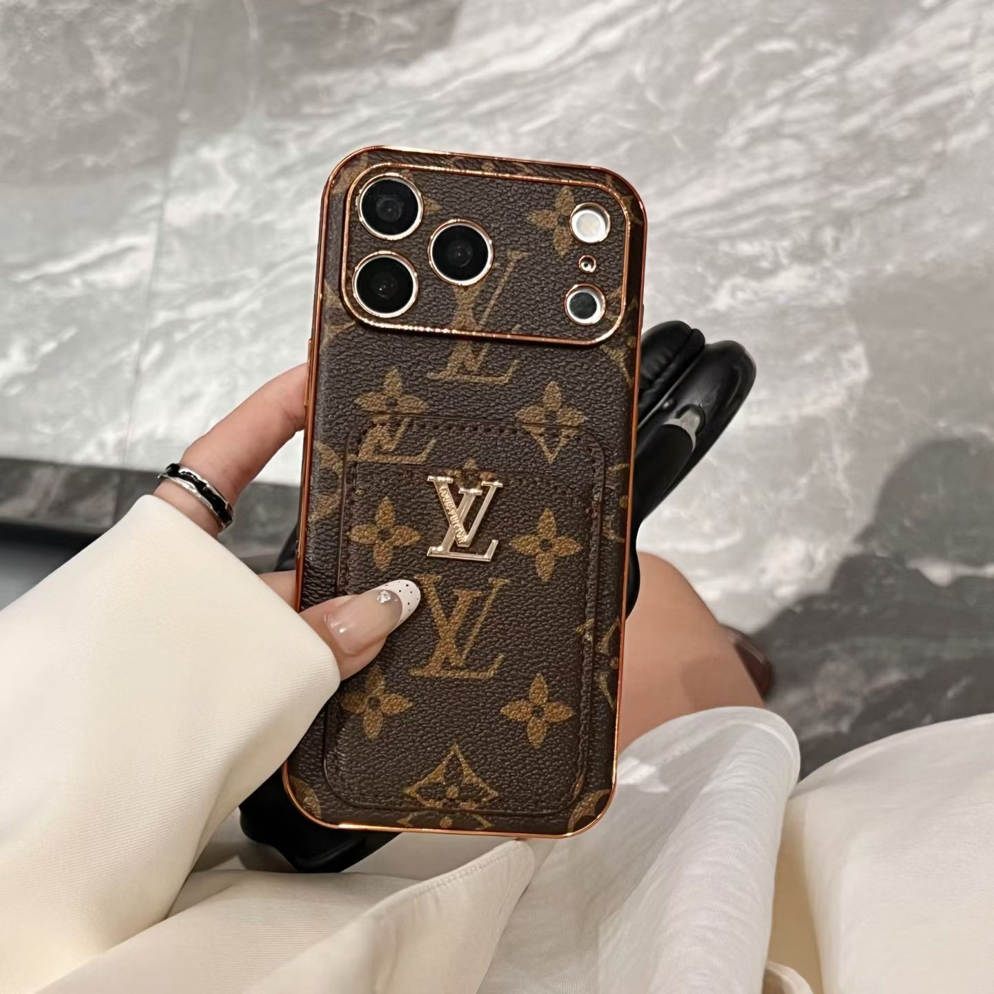 Elegant Leather Monogram iPhone Case With Card Holder For iPhone 17 Series-GELV234
