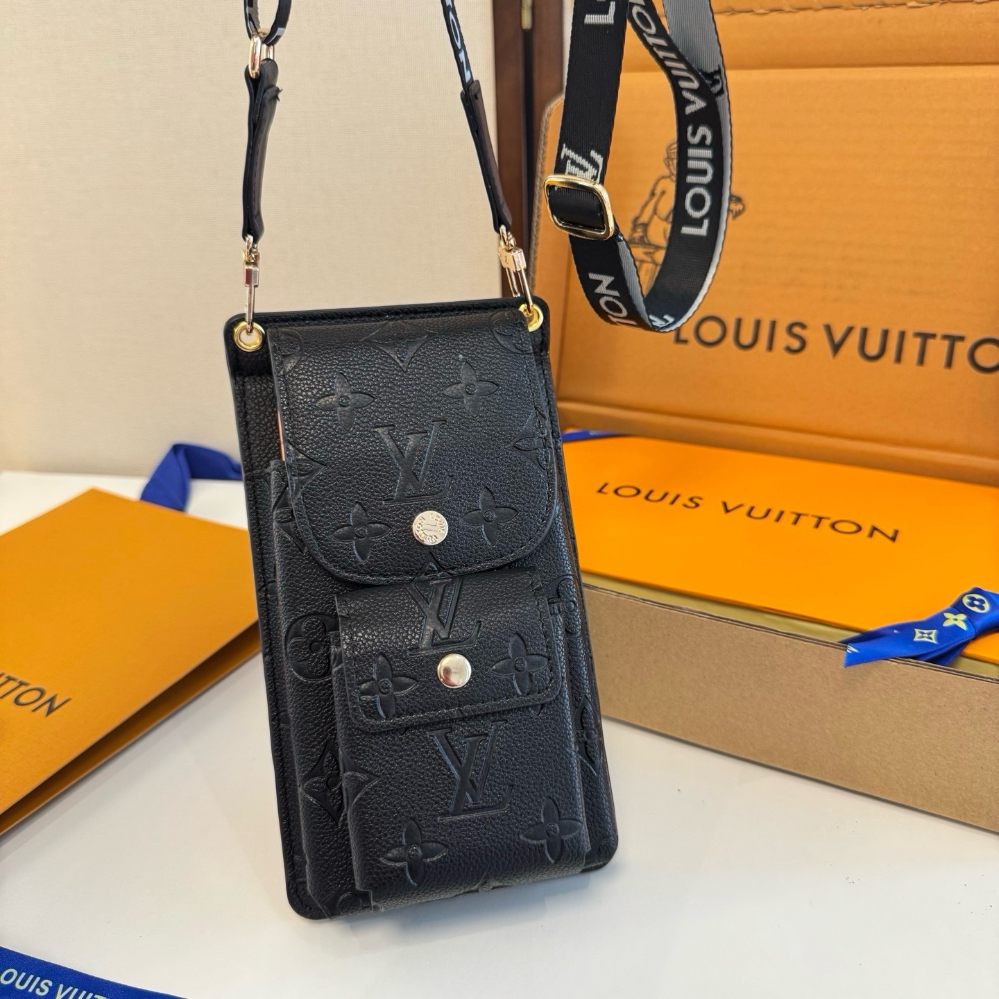 Premium  Leather Monogram Crossbody Phone Bag-GELV184