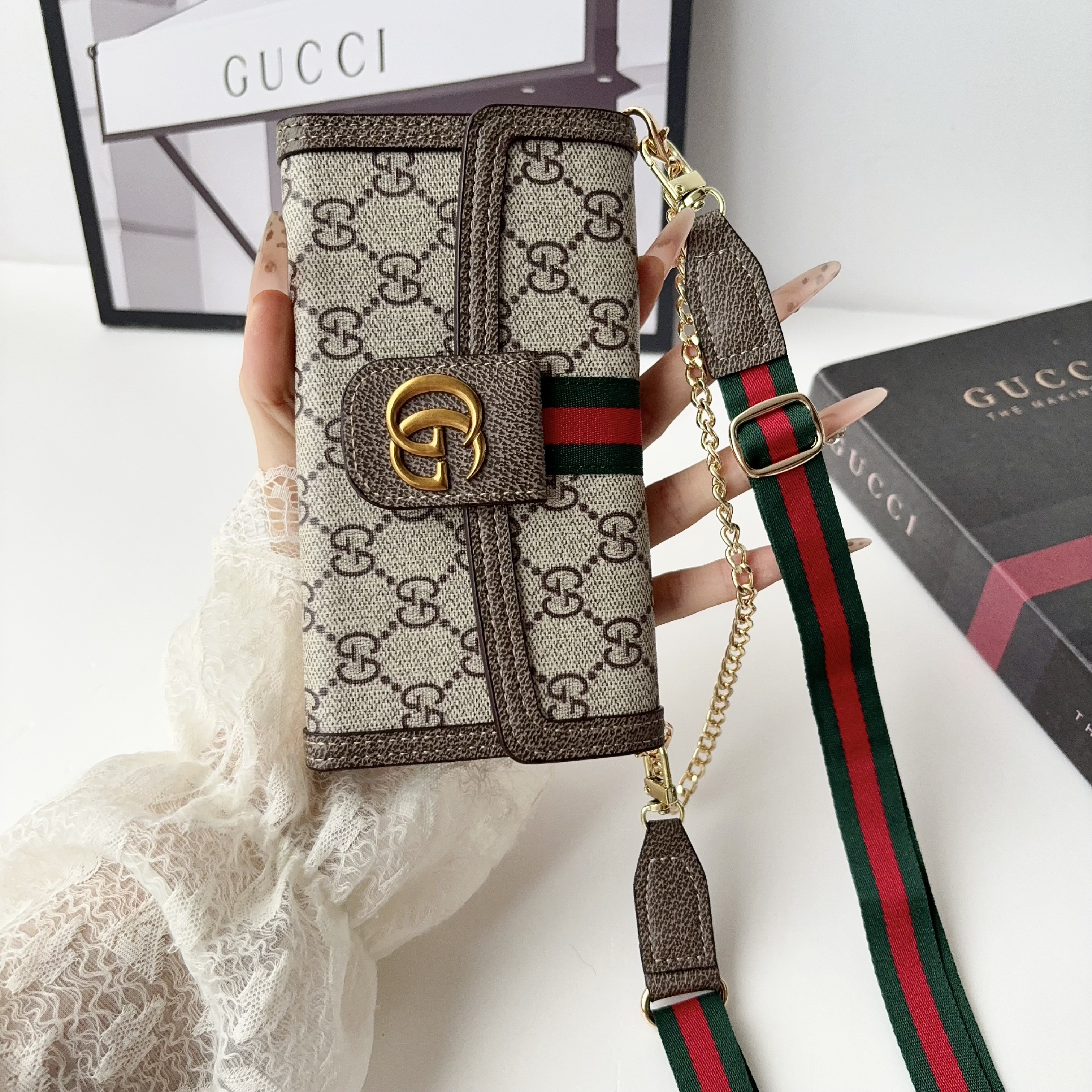 Classic Leather GG iPhone Case With Flip Wallet And Crossbody Strap-GEGG217