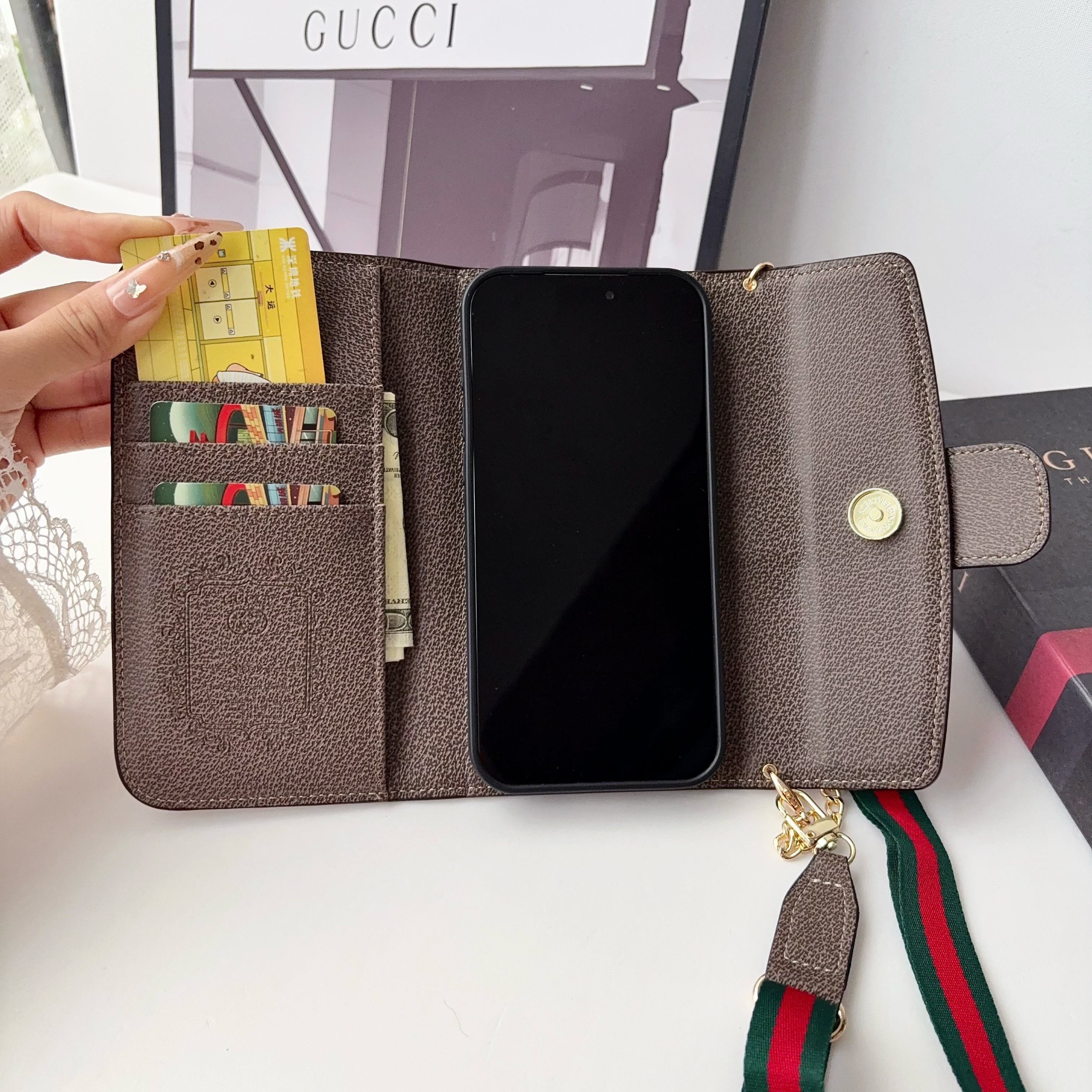 Classic Leather GG iPhone Case With Flip Wallet And Crossbody Strap-GEGG217