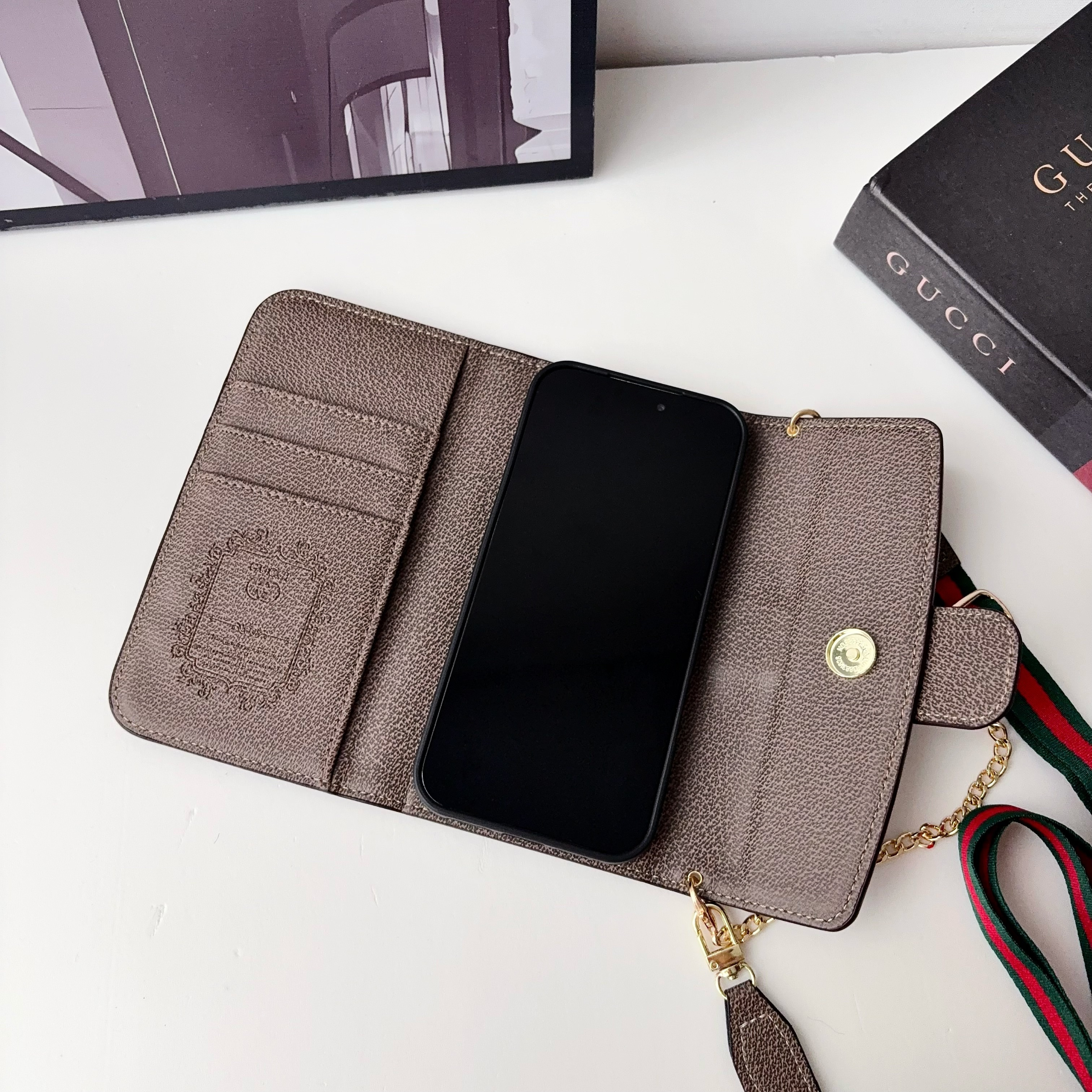 Classic Leather GG iPhone Case With Flip Wallet And Crossbody Strap-GEGG217