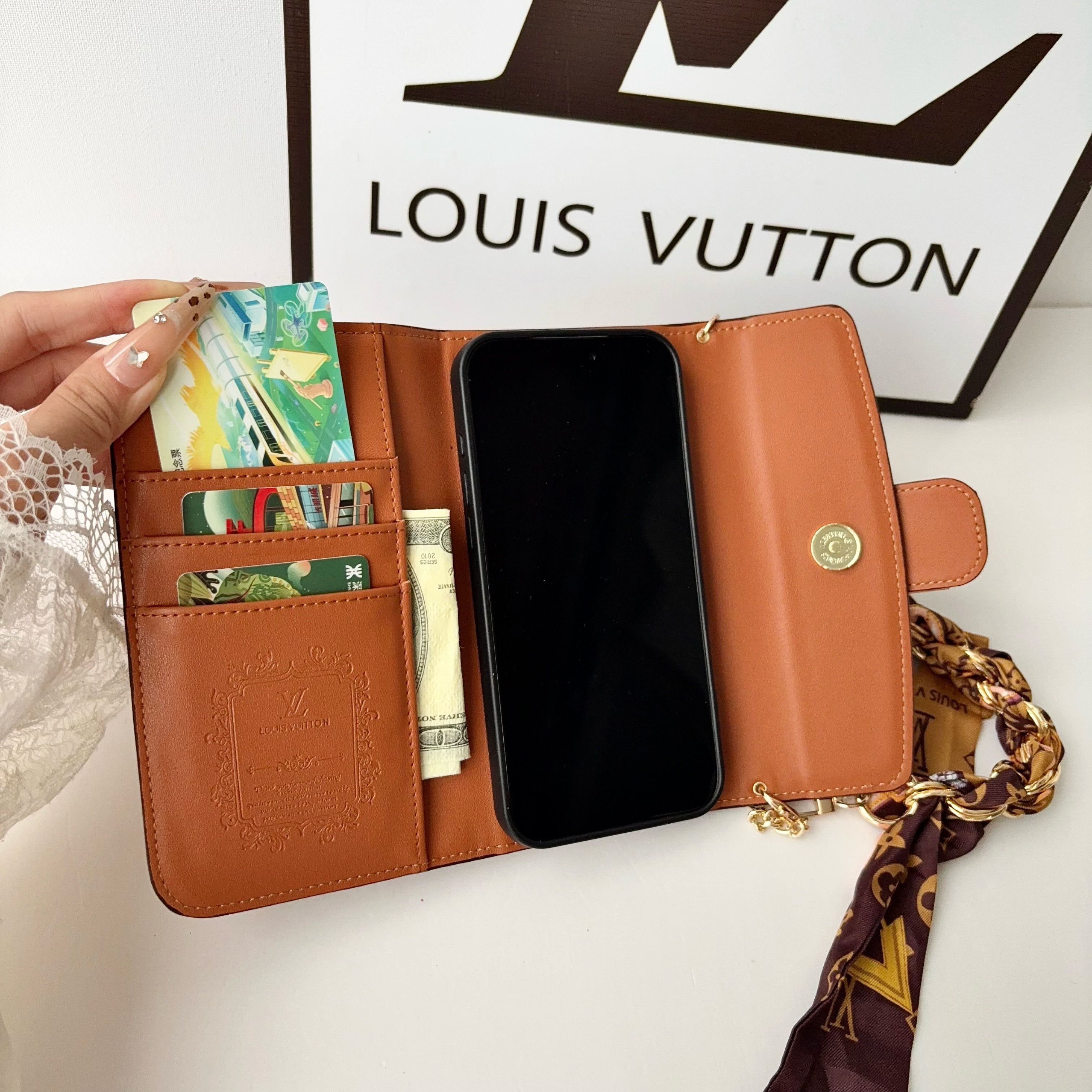 High-quality Leather Monogram iPhone Case With Flip Wallet And Crossbody Chain-GELV218