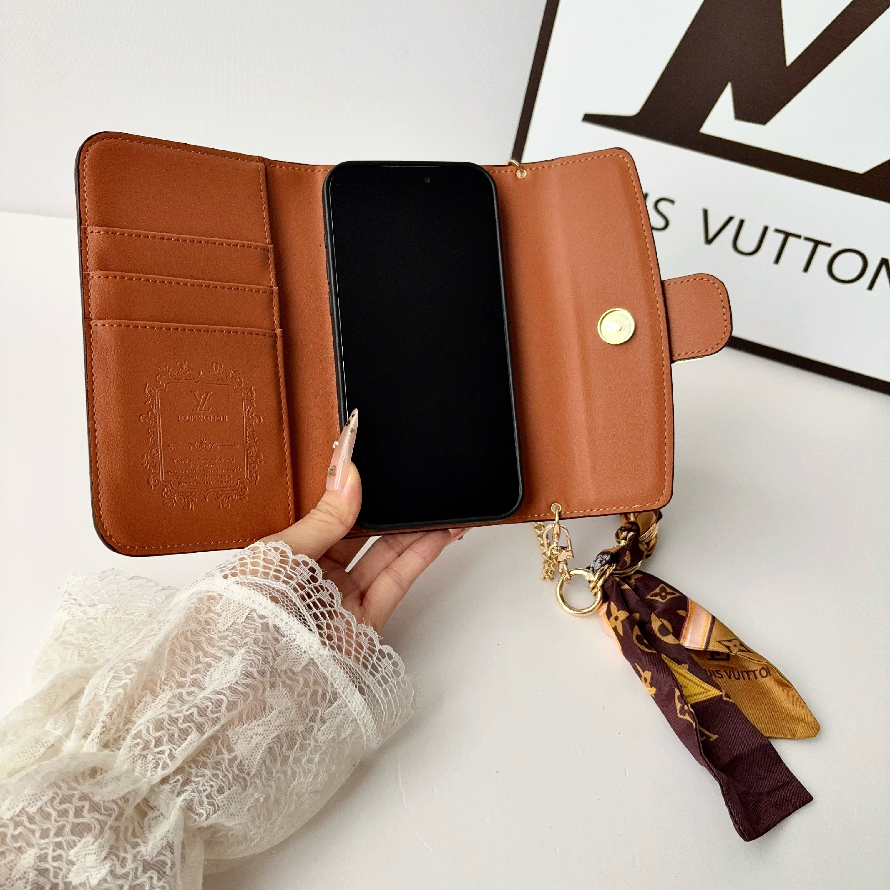 High-quality Leather Monogram iPhone Case With Flip Wallet And Crossbody Chain-GELV218