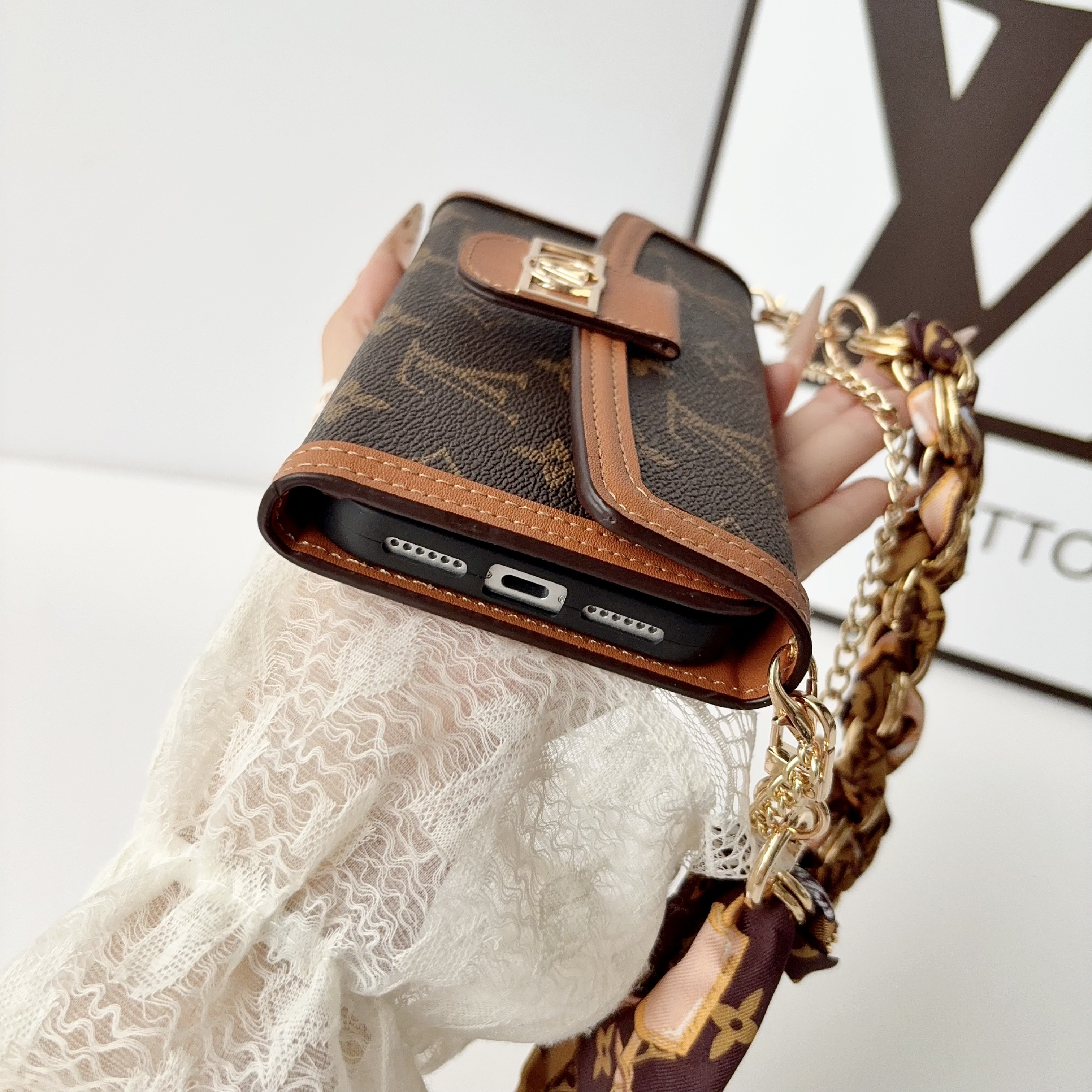 High-quality Leather Monogram iPhone Case With Flip Wallet And Crossbody Chain-GELV218