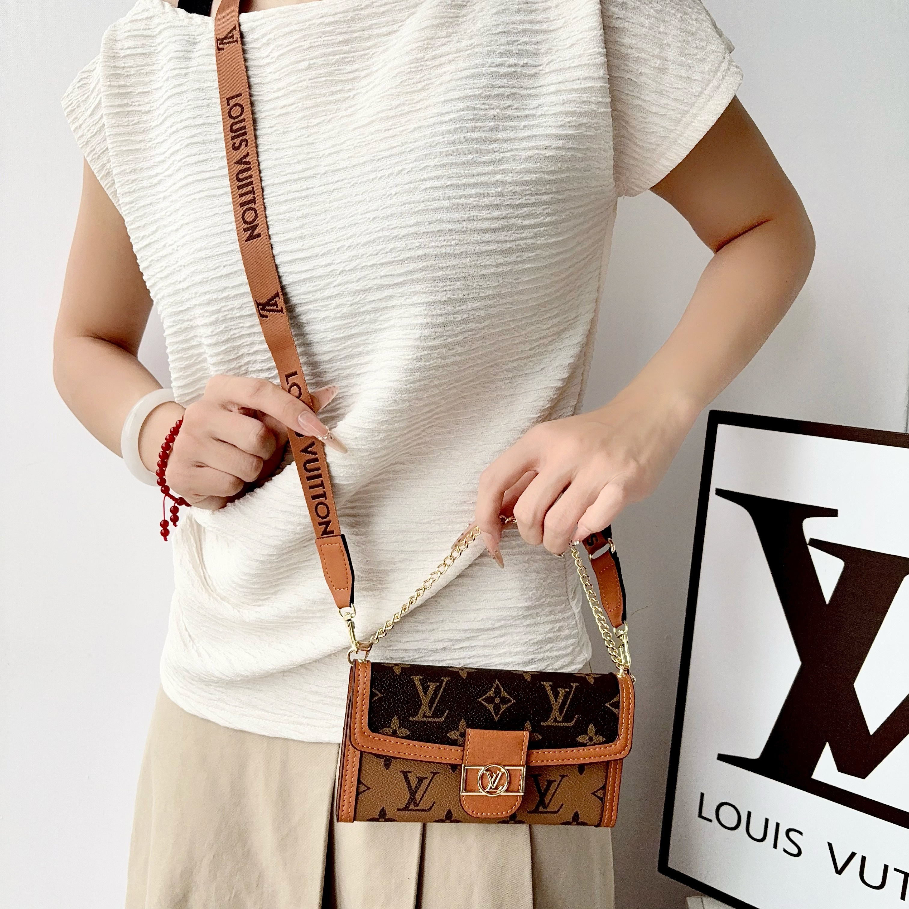 Premium Leather Monogram iPhone Case With Flip Wallet And Crossbody Strap-GELV219